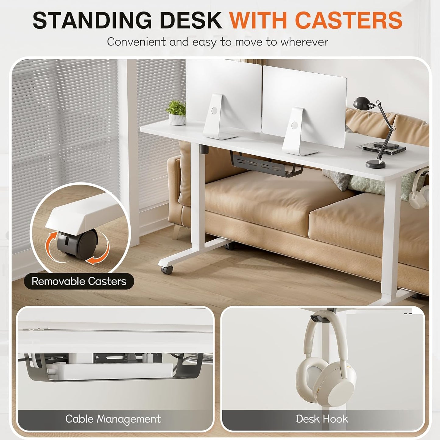 Furmax Electric Standing Desk, 59 x 24 Inches Height Adjustable Desk with Wheels, Home Office Computer Desk with Management Box (White)