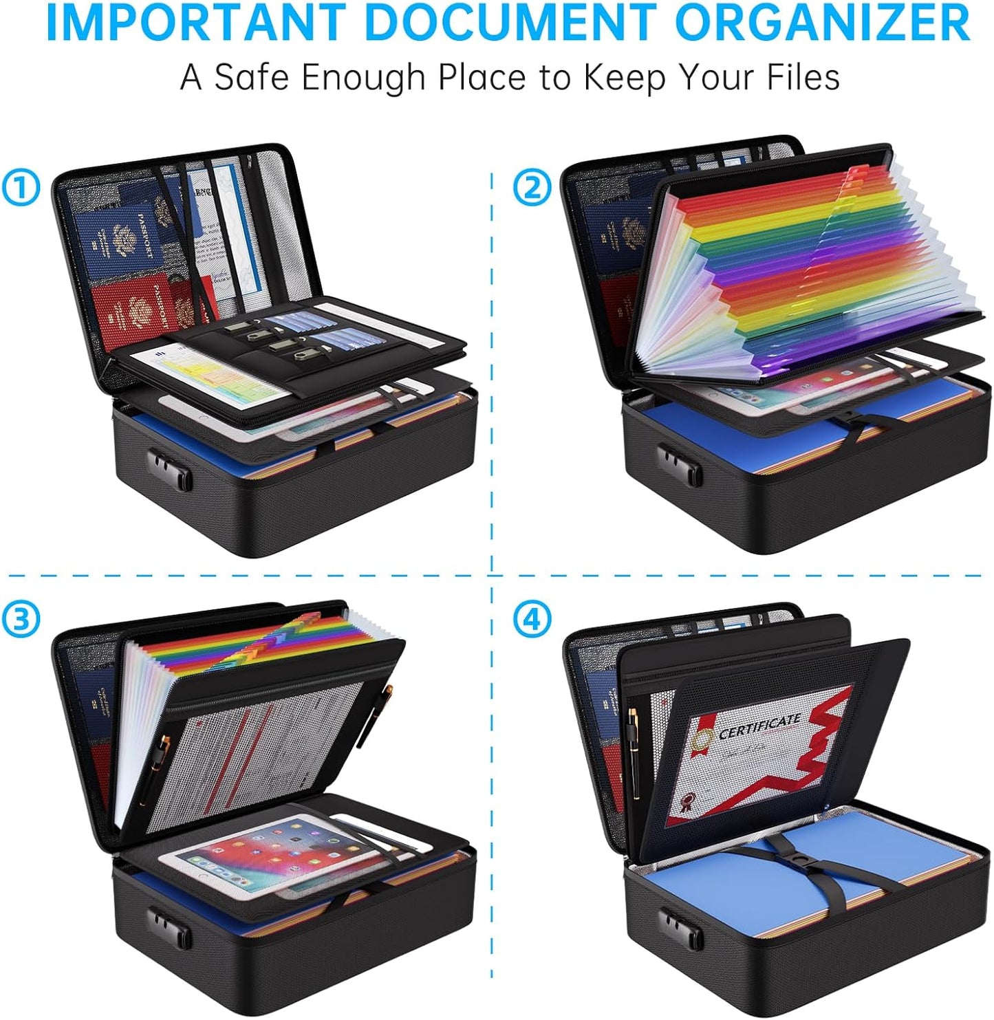 ENGPOW Fireproof Document Box with Lock, 5200℉ Soft Case Fireproof Box with 25 Colorful Pocket Accordion File Folder, Fireproof Water Resistant Safe File Organizer Storage for Important Documents