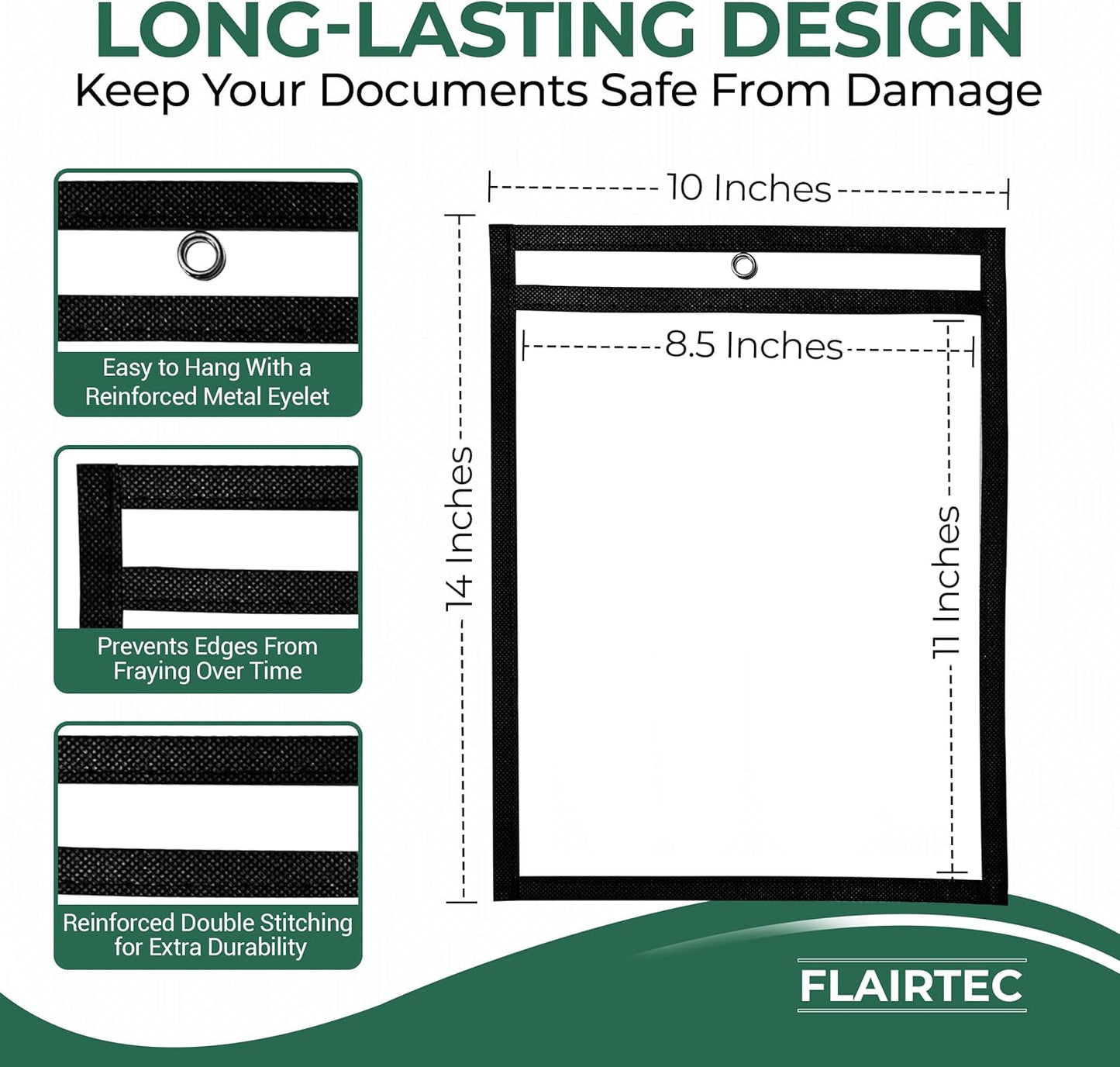 Job Ticket Holders 10x14 - (30 Pack) 8.5x11 Letter Size | Reusable Dry Erase Pockets Black with Metal Rings & Hooks | Durable Clear Shop Sleeves for Work Order | Perfect for Classrooms