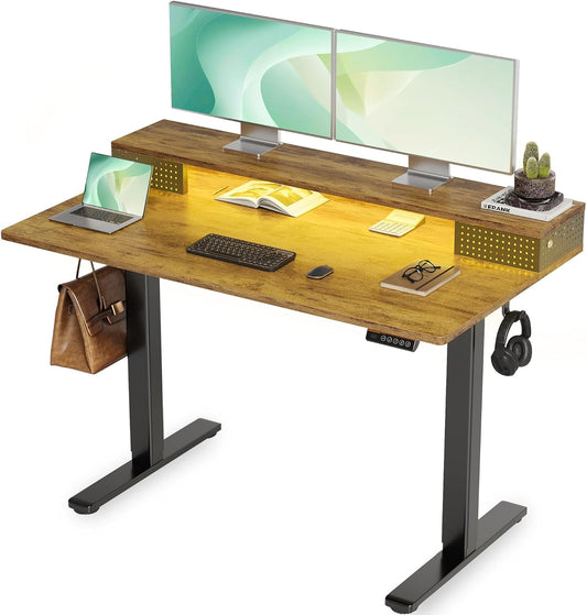 Claiks Electric Standing Desk with Shelf, 48 Inch Height Adjustable Standing Desk with LED Lights & Monitor Stand, Black Frame/Rustic Brown Top