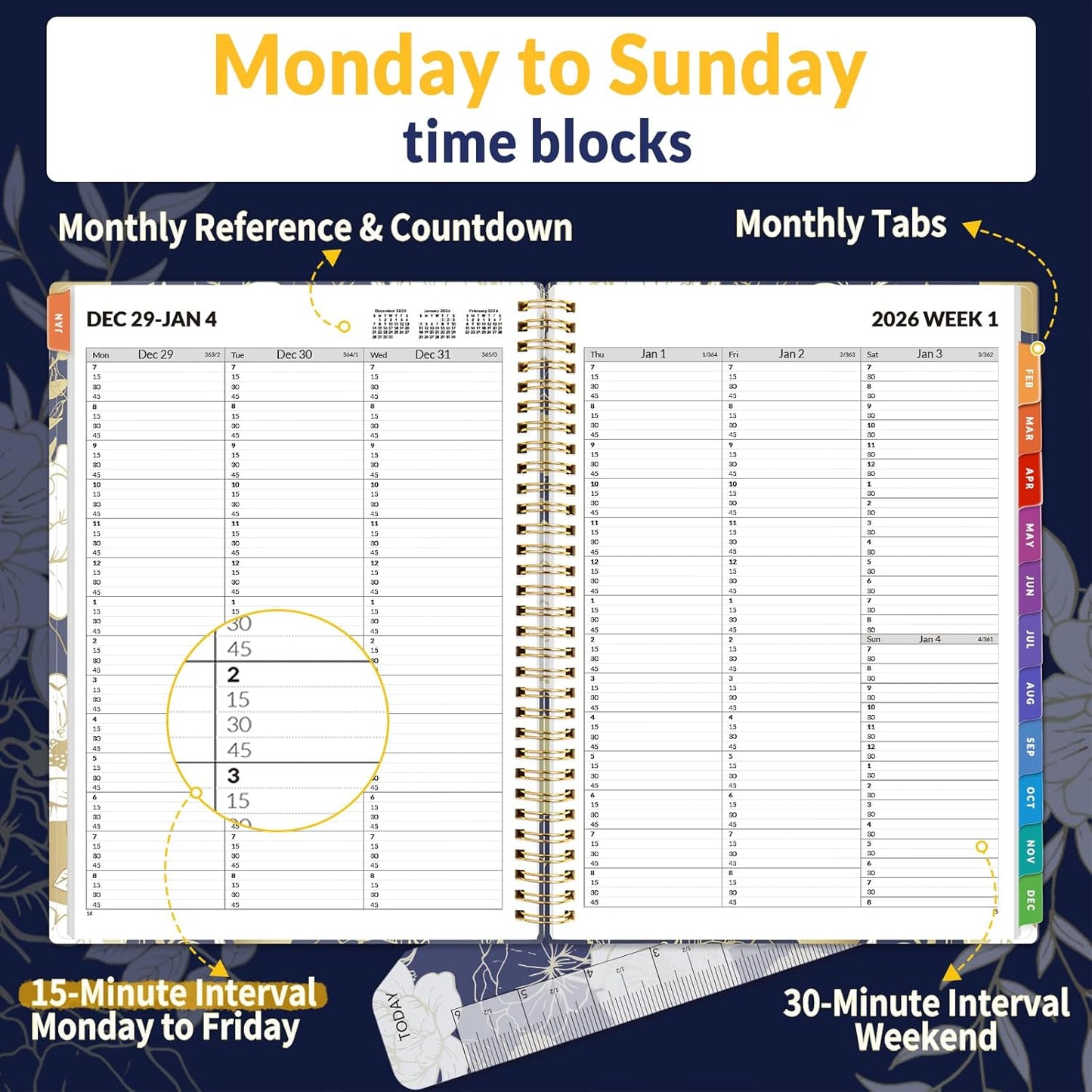 SUNEE 2026 Appointment Book, Quarter-Hourly, Weekly & Monthly - from January 2026 - December 2026, 8.5"x11" Weekly Planner, Flexible Cover, Note Pages, Pockets, Bookmark, Spiral Binding, Dark Blue