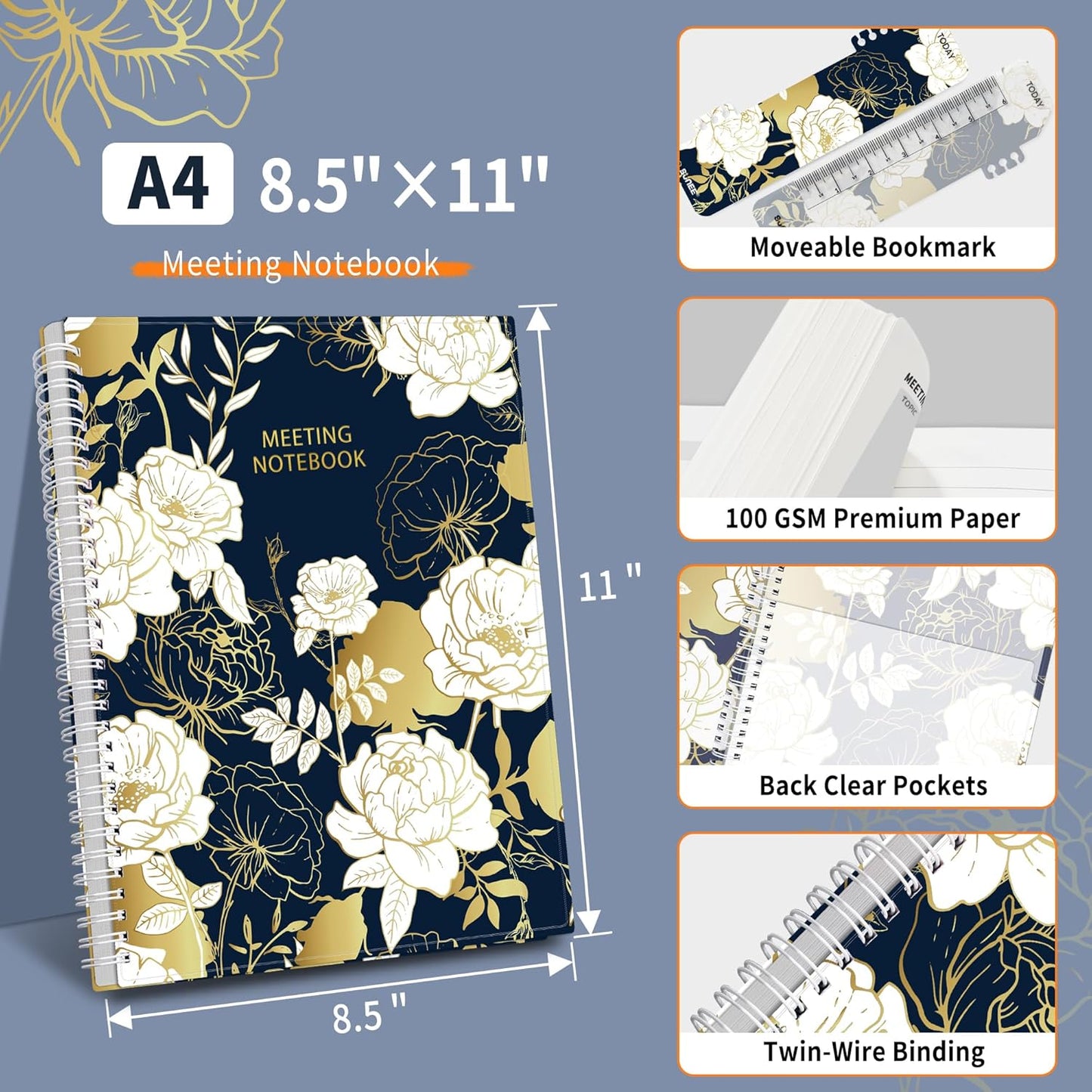 SUNEE Half Meeting Half Note - 8.5"x11" Professional Notebooks for Work - 160 Pages, A4 Size Project Planner, Spiral Meeting Agenda/Minutes Organizer for Women Men, Note Taking, Office & Business