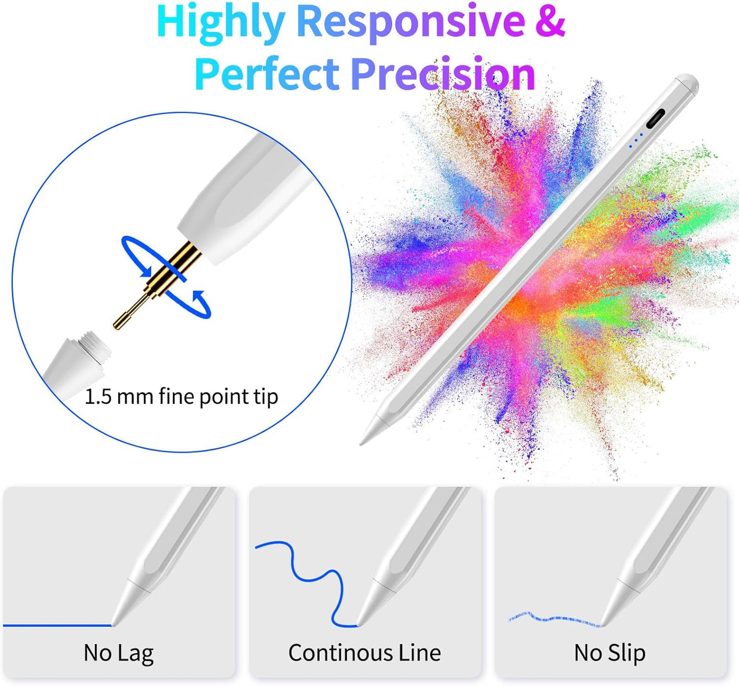 Stylus Pen for iPad, Fast Charging Pencil for Apple Pad with Palm Rejection, Tilt Sensitivity for iPad 6-10, Pro 11"/12.9"/M4, Air 3/4/5/M2, Mini 5/6, Austere White