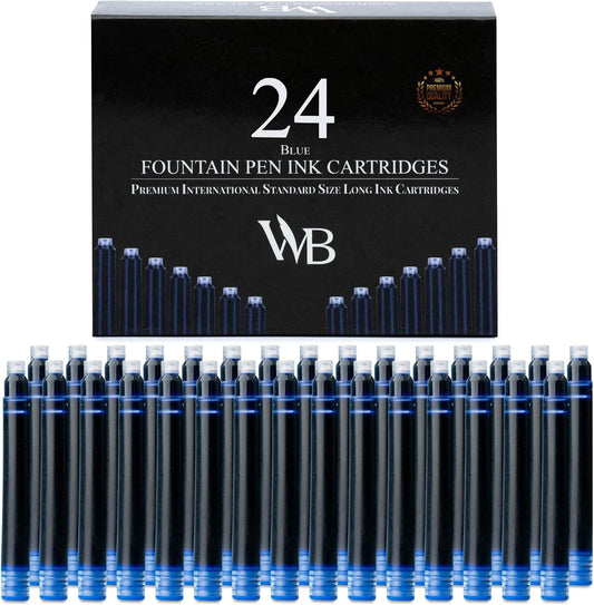 Wordsworth & Black 24 Pack Fountain Pen Ink Refills - Set of 24 Blue Ink Cartridges - International Standard Size - Length APPR 1.5" - Base Diameter APPR 0.24" - Disposable and Generic