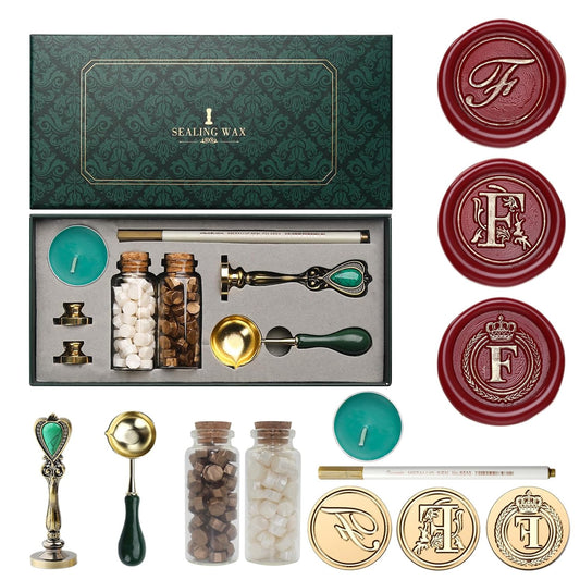 Letter Wax Seal Stamp Kit, Andotopee Wax Seal Kit Initial Alphabet F Sealing Wax Stamp Head 3pcs, Vintage Wax Stamp Seal Kit with Wax Seal Beads, Wax Seal Warmer Tools, Wax Seal Pen, Gift Box Set