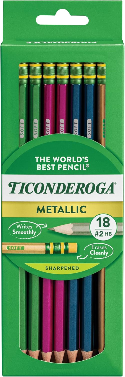 Ticonderoga Wood-Cased Pencils, Pre-Sharpened, #2 HB Soft, Metallic Colors, 18 Count