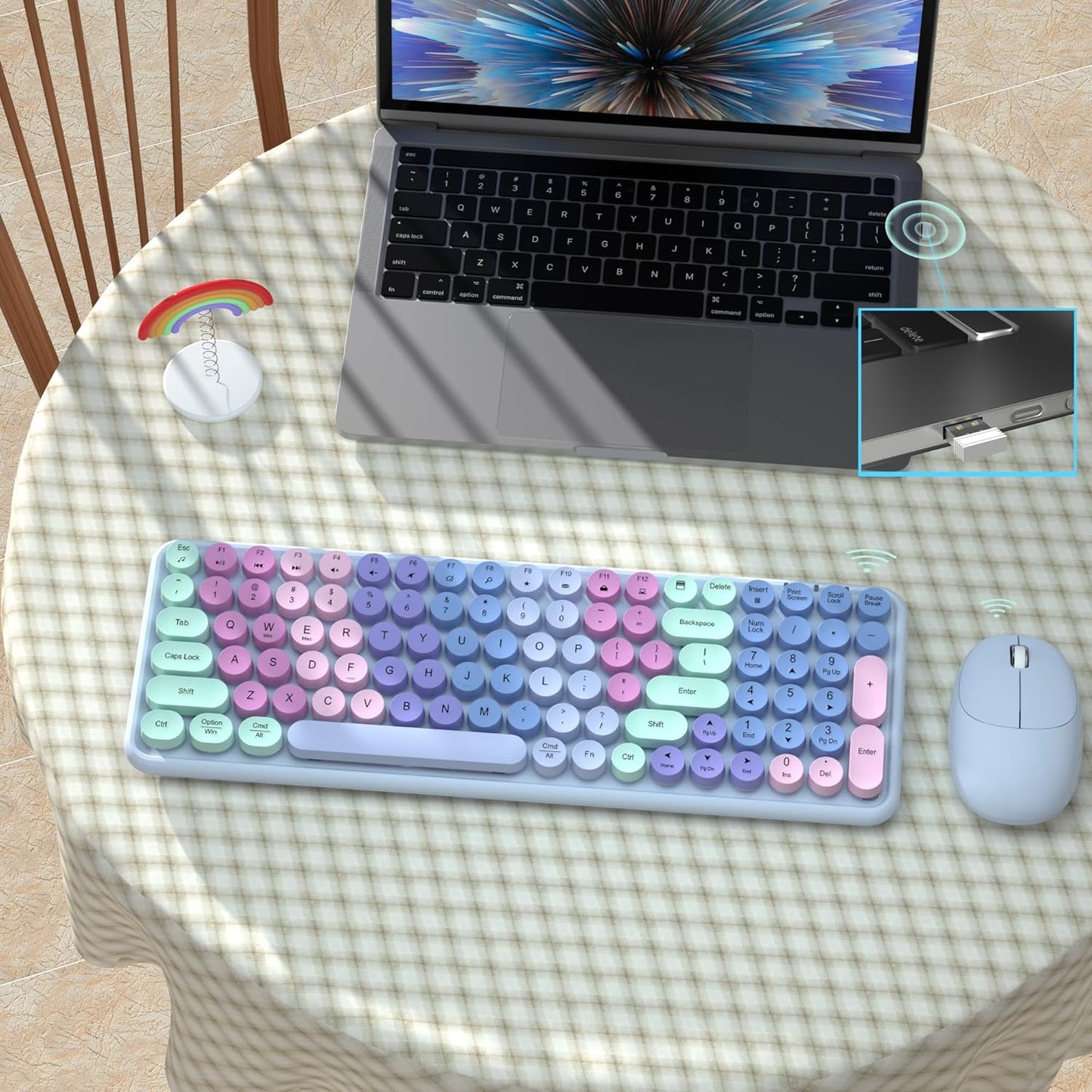Colorful Wireless Keyboard Mouse Combo, Gradient Rainbow Colors 100 Keys and 2.4GHz Optical Mouse Connection for Windows, Mac, Laptop, PC, Desktop (Purple Colorful)