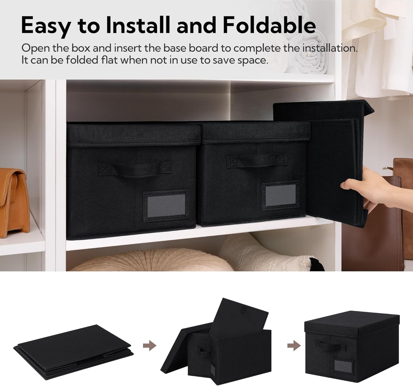 GRANNY SAYS Storage Bins with Lids, Linen Storage Bins for Shelves, Decorative Storage Boxes, Clothes Storage and Organization, Storage Boxes for Organizing, 3-Pack, Black