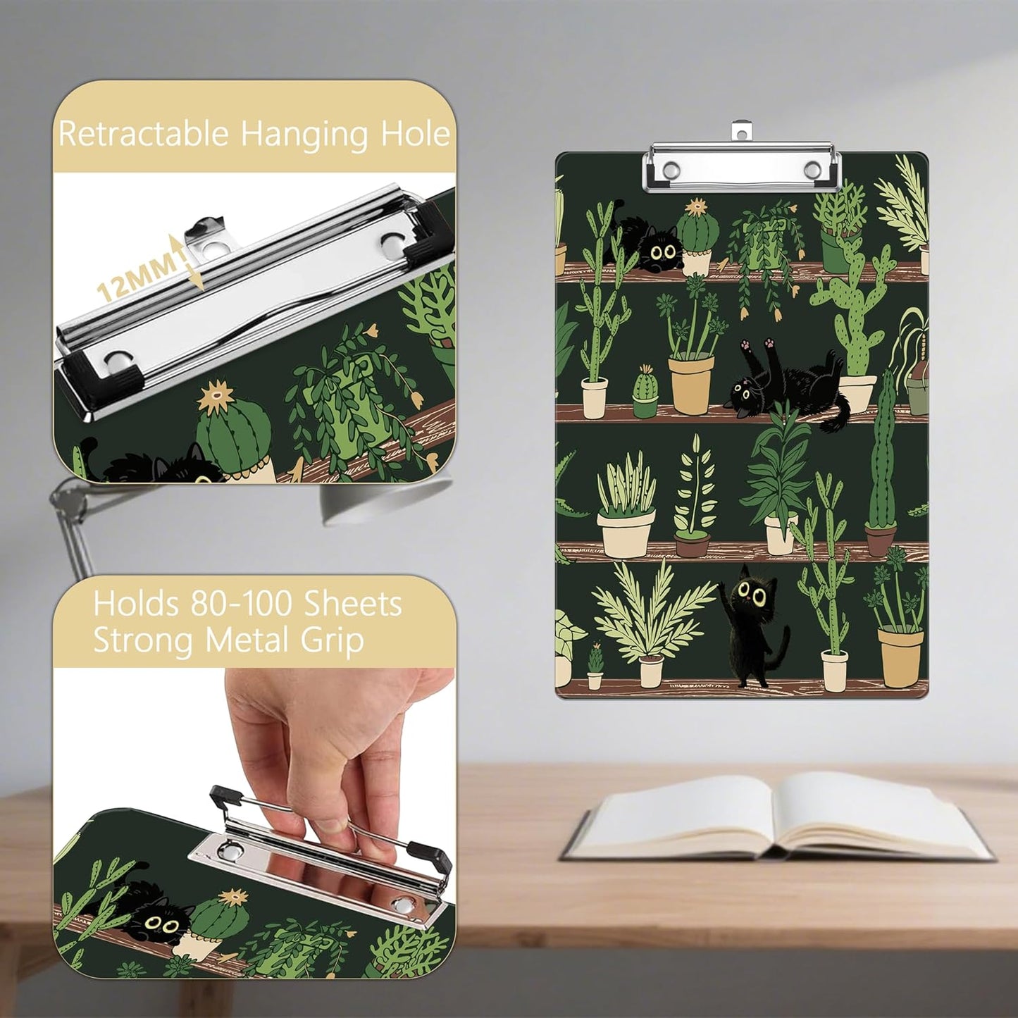 Cactus Plastic Clipboards,Decorative Black Cat Plastic Acrylic Clipboard for Teacher Social Worker Students Office Supplies 8 * 12