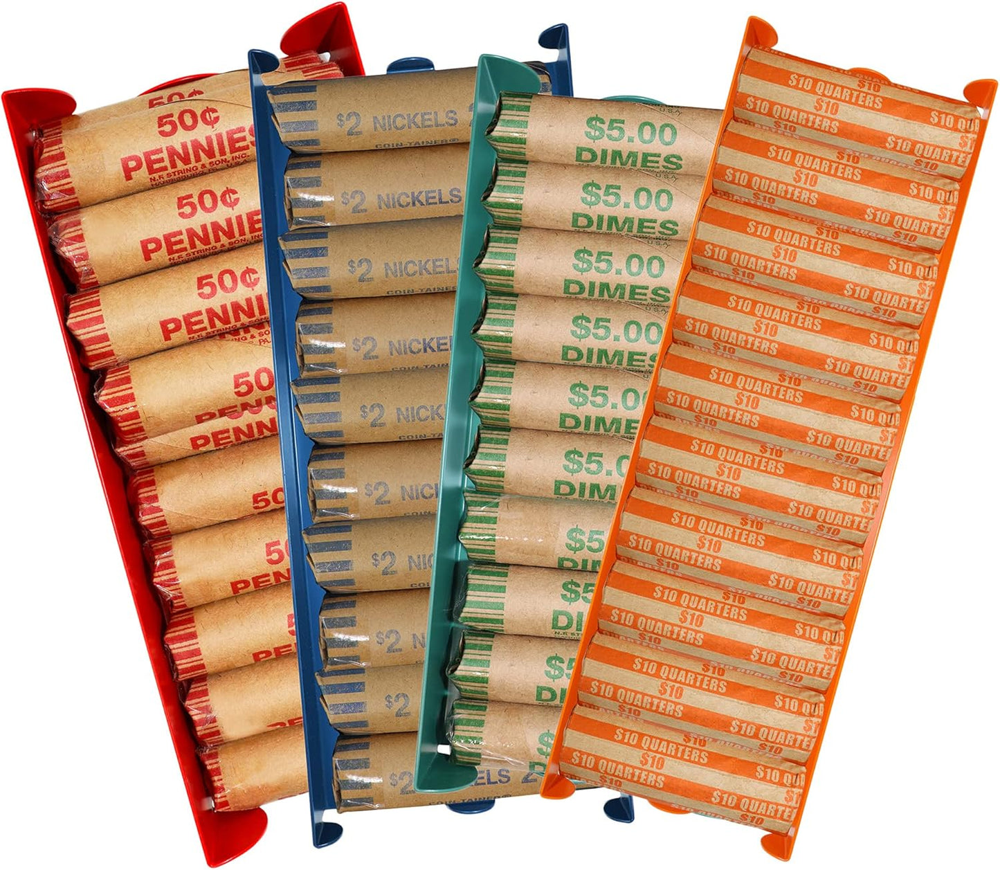Nadex 4 Pack Assorted Aluminium Coin Trays - Stackable Single Compartment Coin Sorting and Storage Trays - Holds 20 Penny Rolls, 10 Nickel Rolls, 20 Dime Rolls, 10 Quarter Rolls