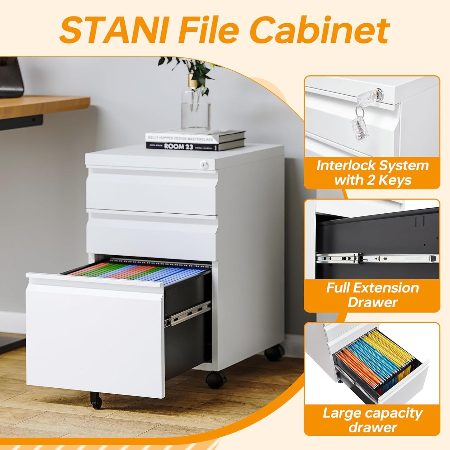 STANI Mobile File Cabinet with Lock Under Desk Metal Filing Legal/Letter File Folders Rolling Cabinet Metal File Cabinets Filing on Wheels with Drawers Assembly Required