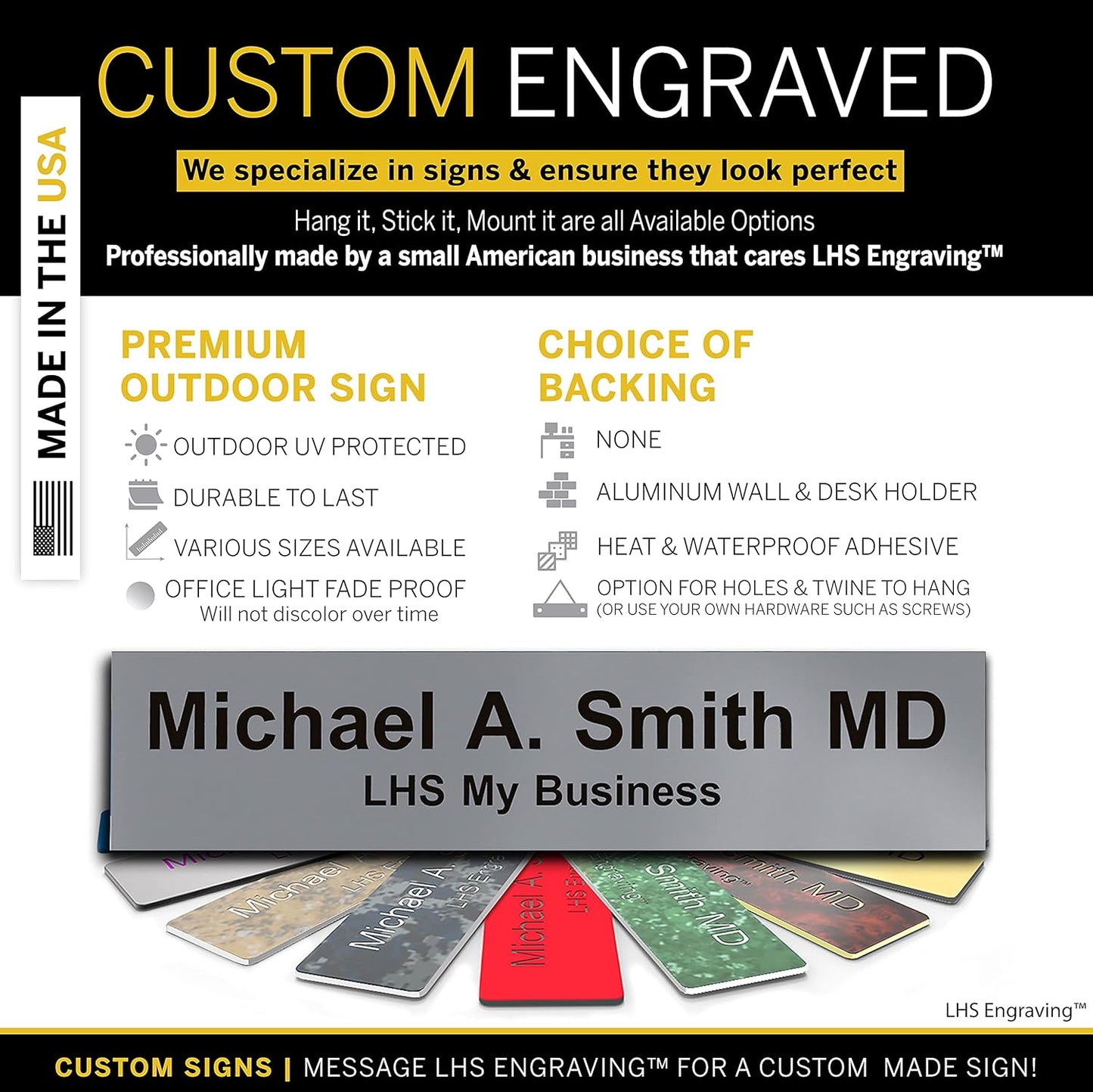 Door Name Plate Personalized for Office Gray Plastic Name Plate Black Letters - Made in USA 2x12 B8