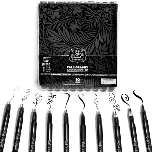 Craft 'n' Beyond Calligraphy Brush Pens Pack of 10 Markers for Hand Lettering, Art Drawing, Sketching, Scrapbooking, Journaling - Beginner Kit with Fadeproof Black Ink