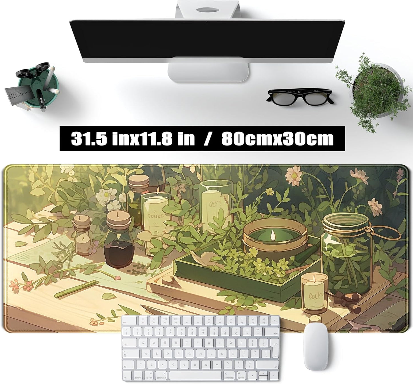 Green Gardener Desk Mat Anime Forest XL Gaming Mouse Pad Plant Lover Desk Pad with Stitched Edges, Women Desktop Decor Mousepad Laptop Computer Keyboard and Mouse Mat Desk Accessories 31.5x11.8 in