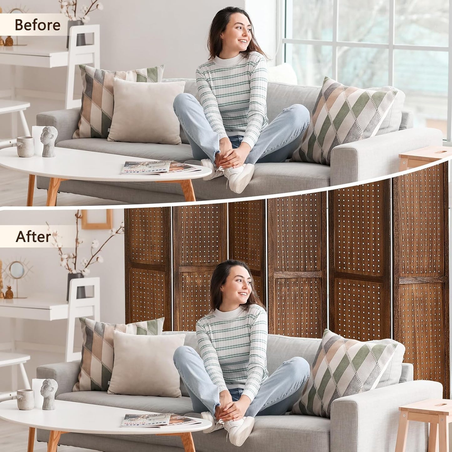 6 Panel Pegboard Display with 24 Hooks, Privacy Dividers for Rooms, Wooden Room Divider Wall and Folding Privacy Screens, Pegboard Room Divider, Bedroom, Balcony, Dark Brown