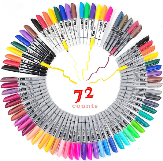 Permanent Markers 72 Assorted Colors - Waterproof Colored Pens Set 45 Fine Tip, 8 Ultra Fine, 8 Chisel Tip, 6 Neon, 5 Metallic Markers Home Office School Supplies for Kids, Adults Coloring