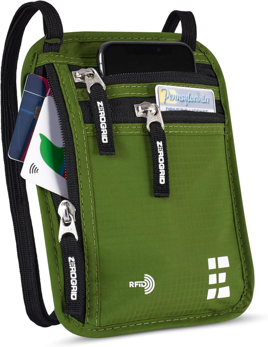 Neck Wallet for Travel & Passport Holder with RFID Blocking - Slim & Easy to Conceal Nylon Travel Pouch for men & women - Holds Phone, Cash, Cards, Keys - Sweat & Water Resistant - Large - Forest