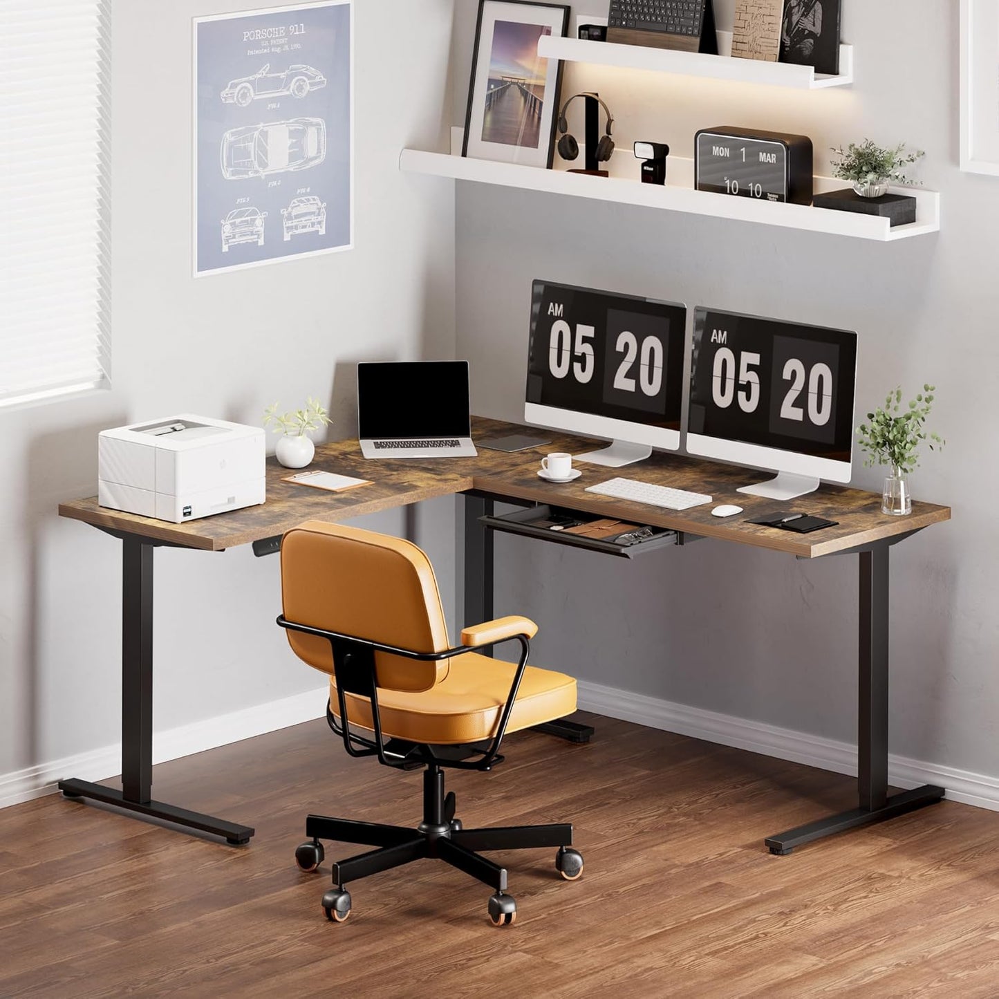 FLEXISPOT L Shaped Standing Desk, 71 x 63 Inch Electric Height Adjustable Corner Desk, Sit Stand Computer Workstation, Preset Controller, Home Office, Black Frame with Rustic Brown Top, Black Drawer