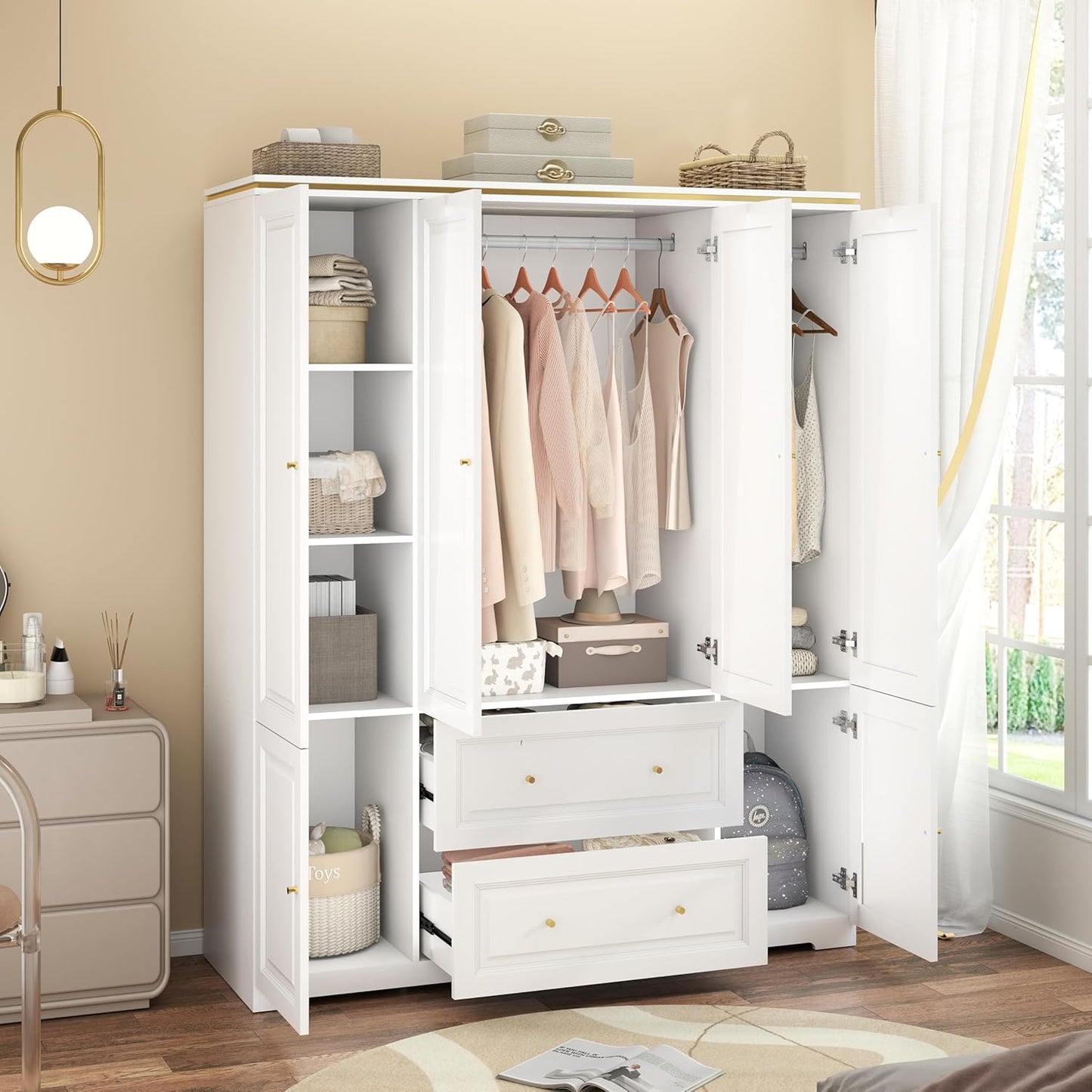 White Armoire Wardrobe Closet with Drawers: Wardrobe Closet for Hanging Clothes, Modern Bedroom Armoires with Hanging Rod, Wardrobes Closets with 4 Doors and Shelves (White, 59")