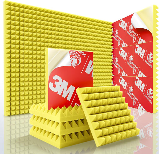 Sonicism Acoustic Panels Self-Adhesive Pyramid 12 Pack,12" X 12" X 1" Sound Proof Foam Panels for Walls,35kg/m³High Density Soundproof Wall Panels Fast Expand,Sound Absorption & Decoration(Yellow)