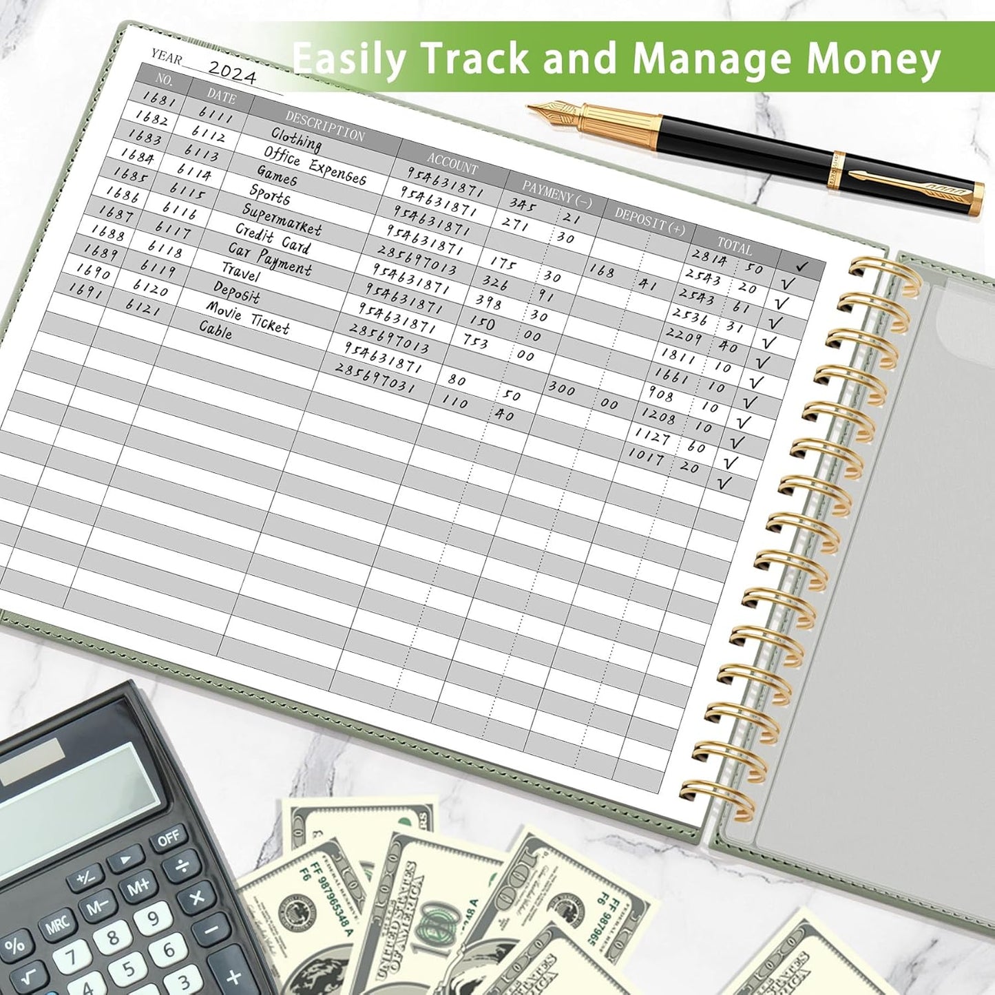 HAUTOCO Hardcover Accounting Ledger Book for Small Business Bookkeeping Horizontal Money Expense Tracker Notebook with 2 Storage Pouch, Personal Columnar Log Journal 10.78 x 8'', Olive Green