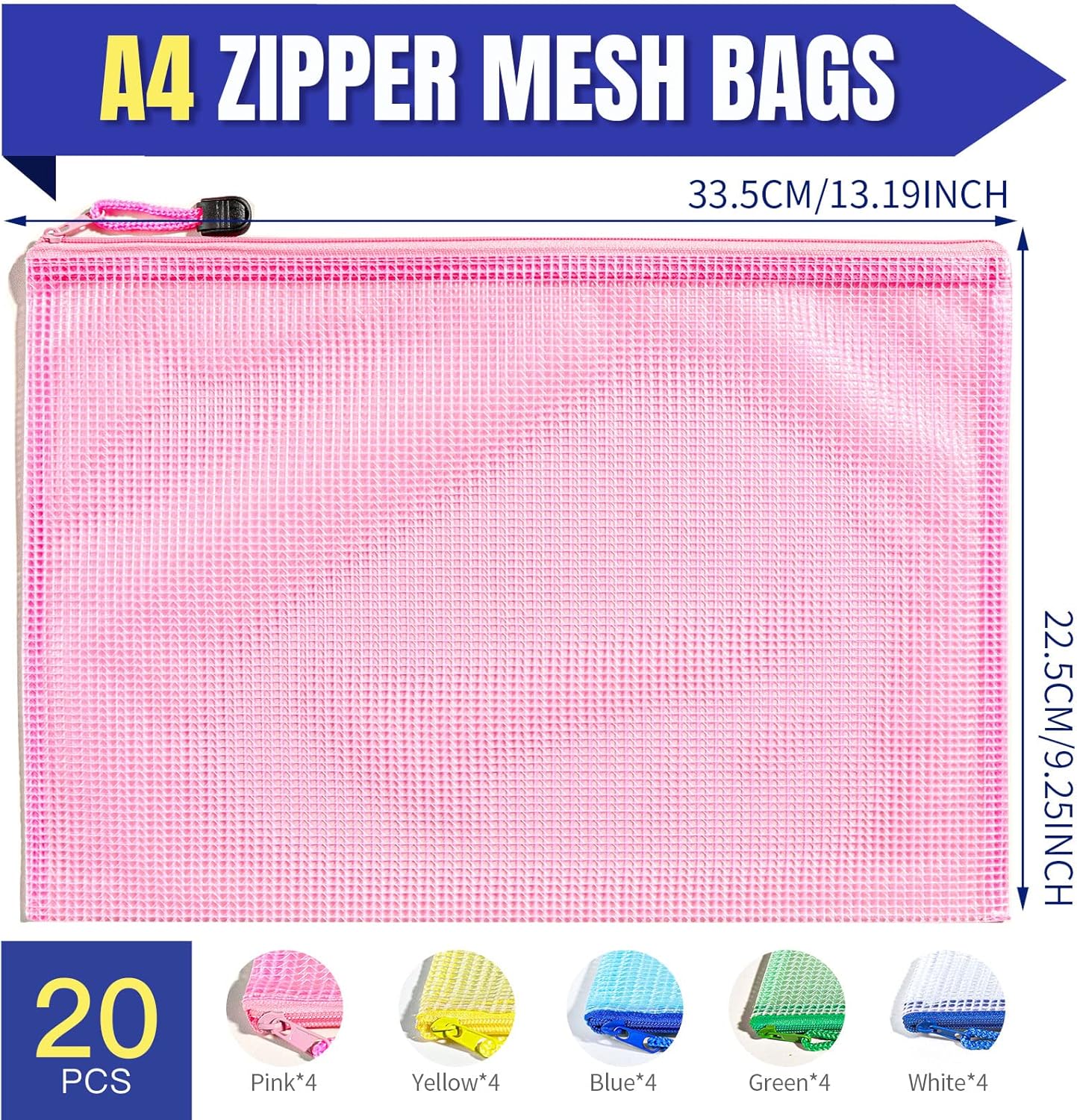 LEOBRO 20PCS Zipper Pouch, A4 Mesh Zipper Pouch Bags, Waterproof Bag, Mesh Bags for Classroom Organization, Toy Storage, School Supplies, Travel Essentials, File Jackets & File Pockets
