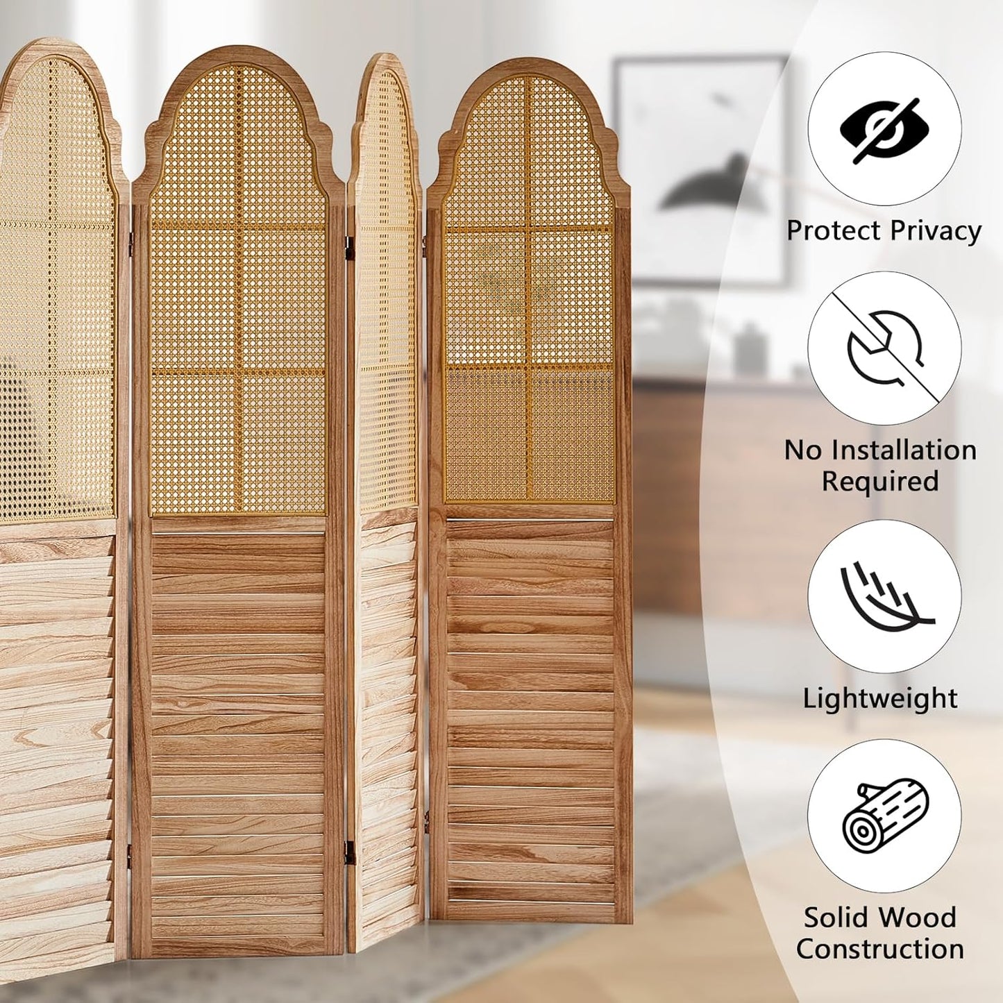 6 Panel Rattan Room Divider Panel, 5.6Ft Partitionsand Dividers, Louvered Partition Divider, Room Dividers Screen, Solid Wood Frame, Folding Screen, Bedroom, Family Room, Light Brown