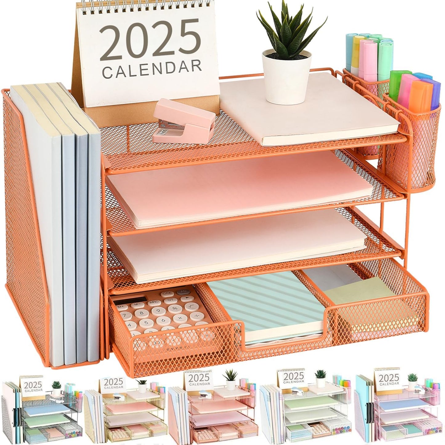 gianotter Paper Letter Tray Organizer with File Holder, 4-Tier Desk Accessories & Workspace Desk Organizers with Drawer and 2 Pen Holder for Office Supplies (Orange)