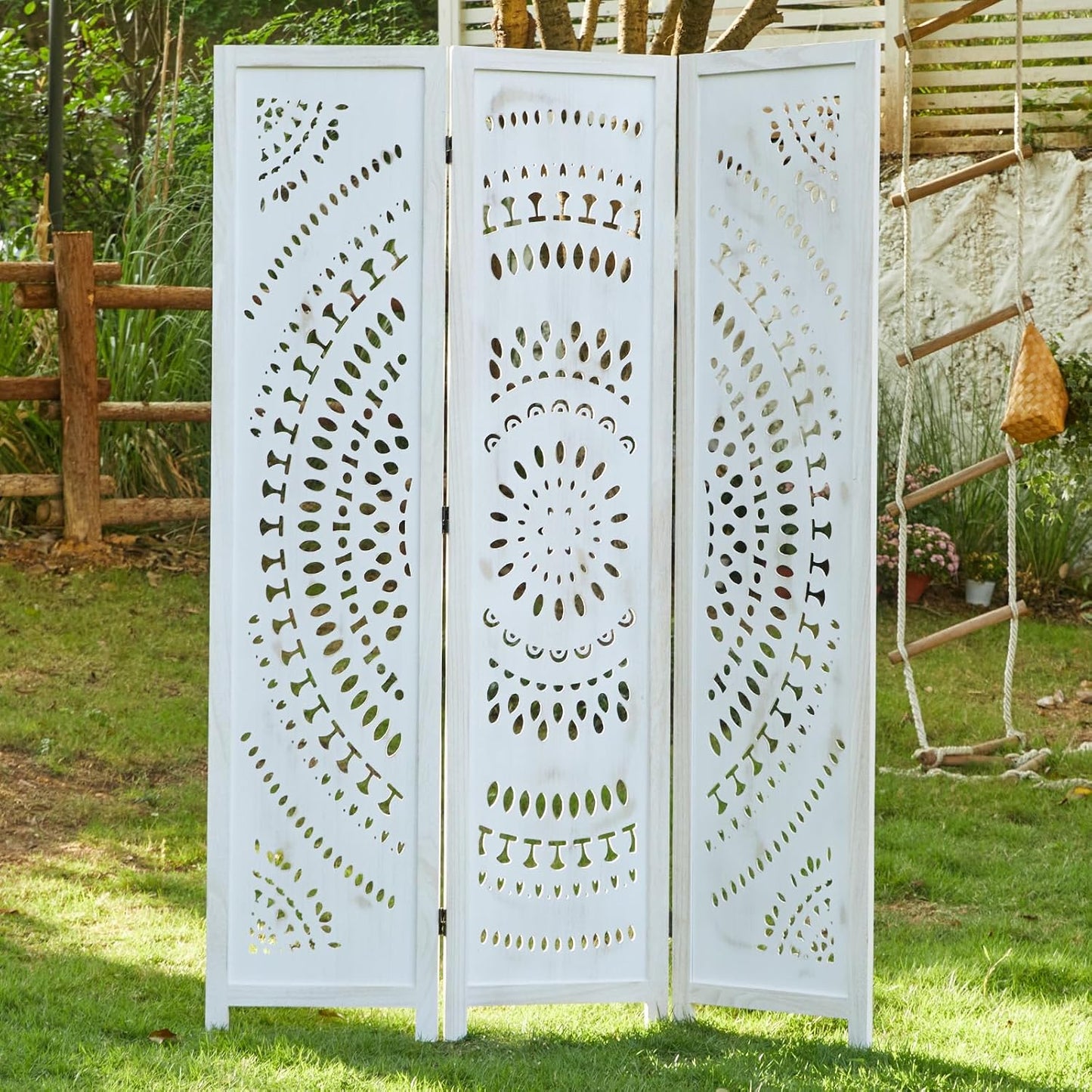 66.9Inch Folding Room Divider, 3 Panels Wood Carved Privacy Screens, Free Assembled Freestanding Partition for Home Office Restaurant Bedroom (White-Washed)