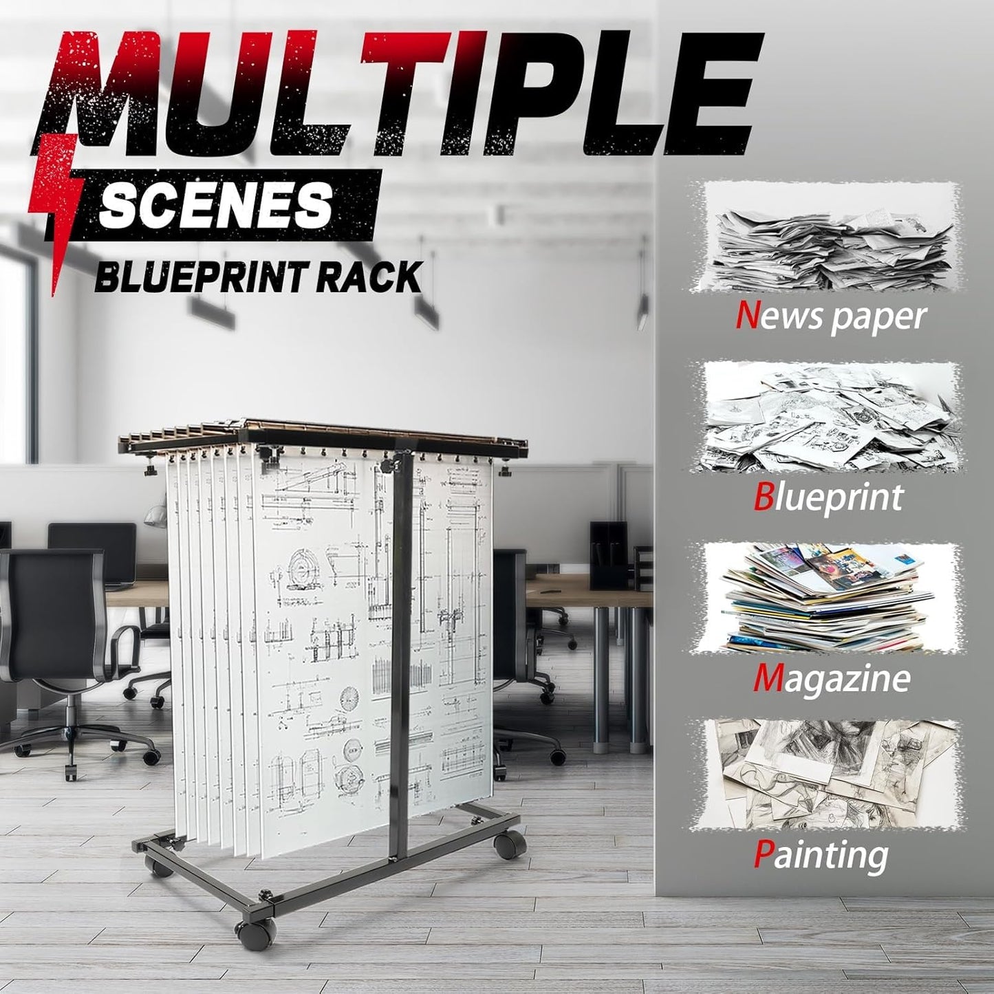 Mobile Blueprint Holder Rack Adjustable Height&Length Portable Blueprint Storage Organizer Stand Vertical File Plans Maps Posters and Drawings Display Rack for Home Office and Workplace Black