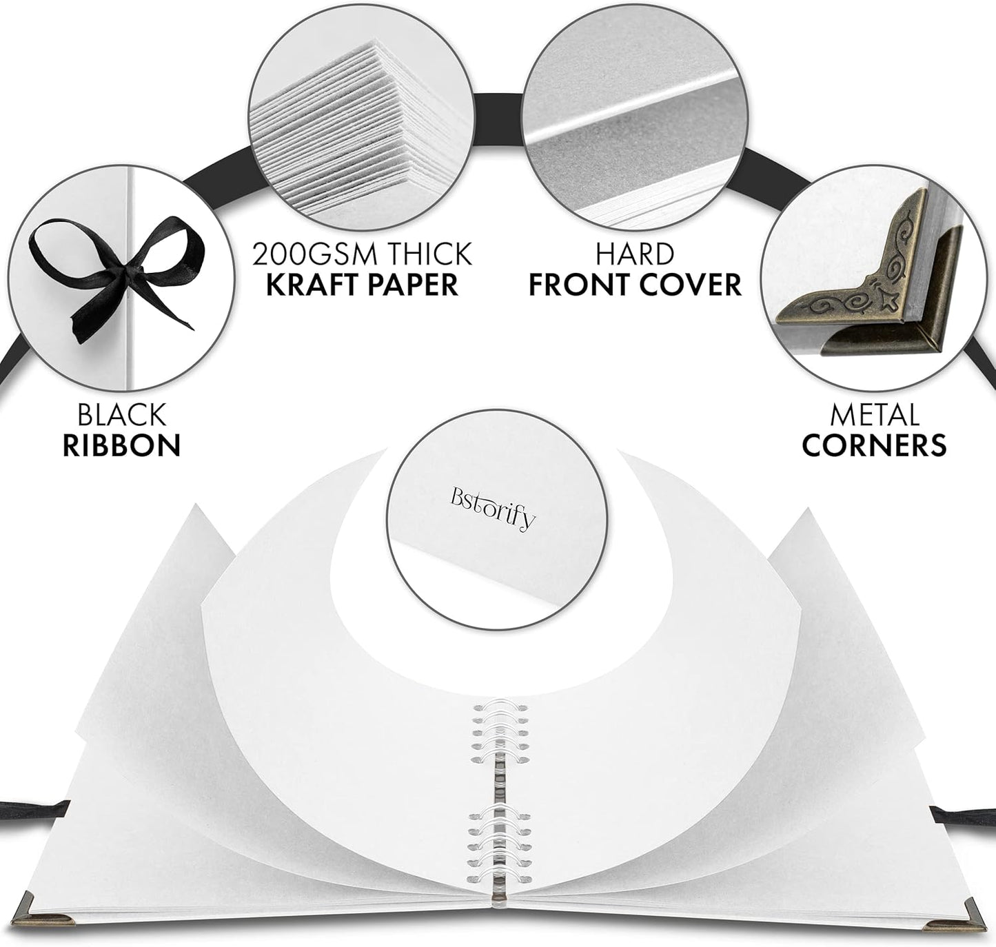 Bstorify Square Scrapbook Photo Albums 36 Pages (18 x 18 cm) White Thick Paper, Hardcover, Metal Corners, Ribbon Closure - Ideal for Your Scrapbooking Albums, Art & Craft Projects 7 x 7 Inch