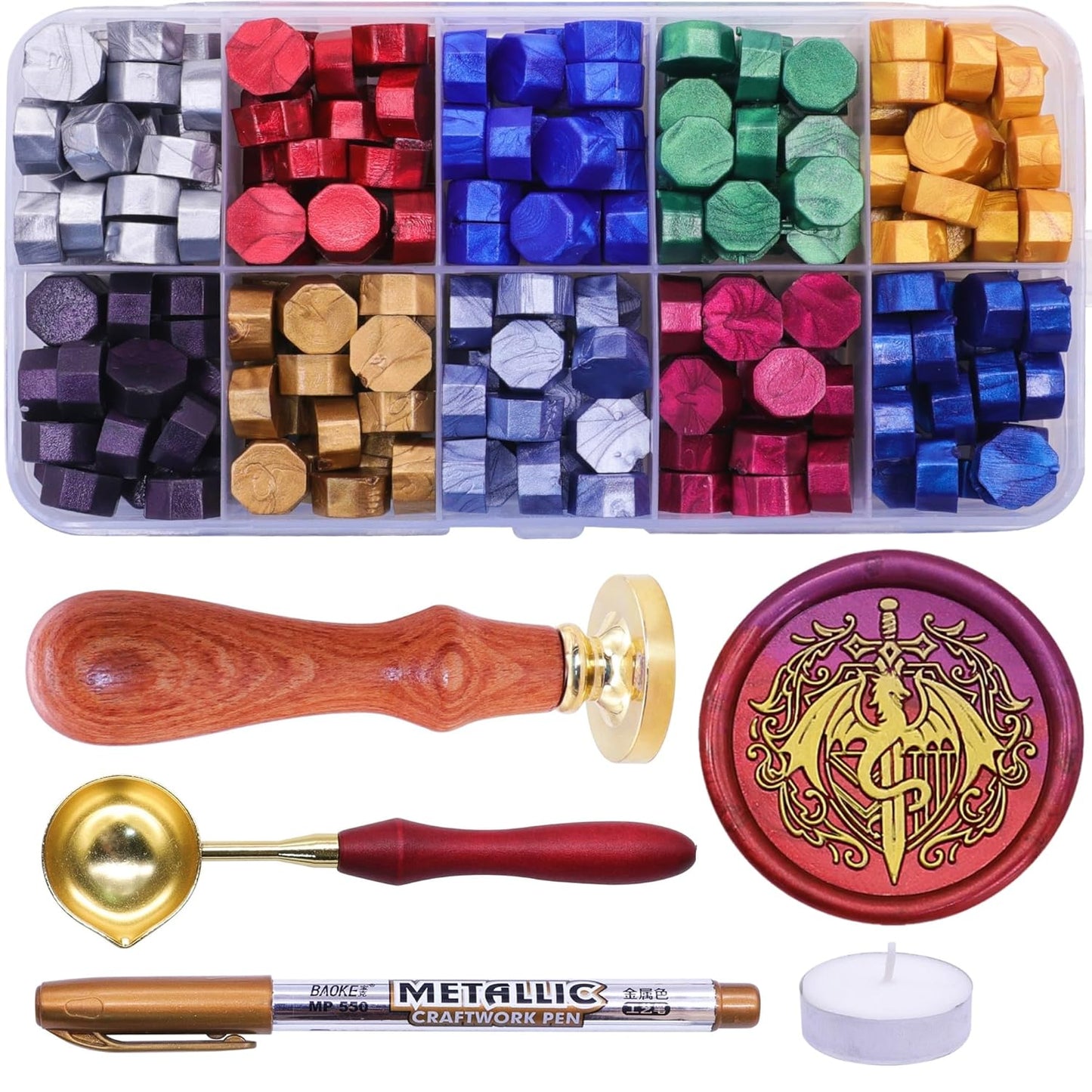 SWANGSA Dragon and Sword Wax Seal Stamp Kit with 200pcs Sealing Wax Beads, Great for Embellishment of Halloween Party Invitations, Wine Packages, Gift Wraps