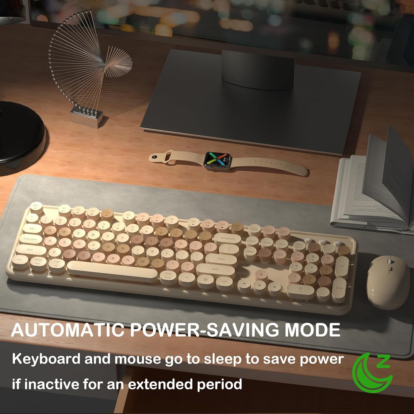 Wireless Keyboard and Mouse, Full-Size Retro Typewriter Keyboard with Round Keycaps, 2.4GHz for Windows, Mac, Laptop, PC, Desktop (Milky Tea Colorful)