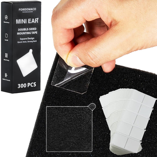 300 Pack Mini Ear Double-Sided Mounting Tape Square Heavy Duty Adhesive for Sound Proof Foam Panels, Wall Decor, Wall Art, Easy to Peel and No Residue