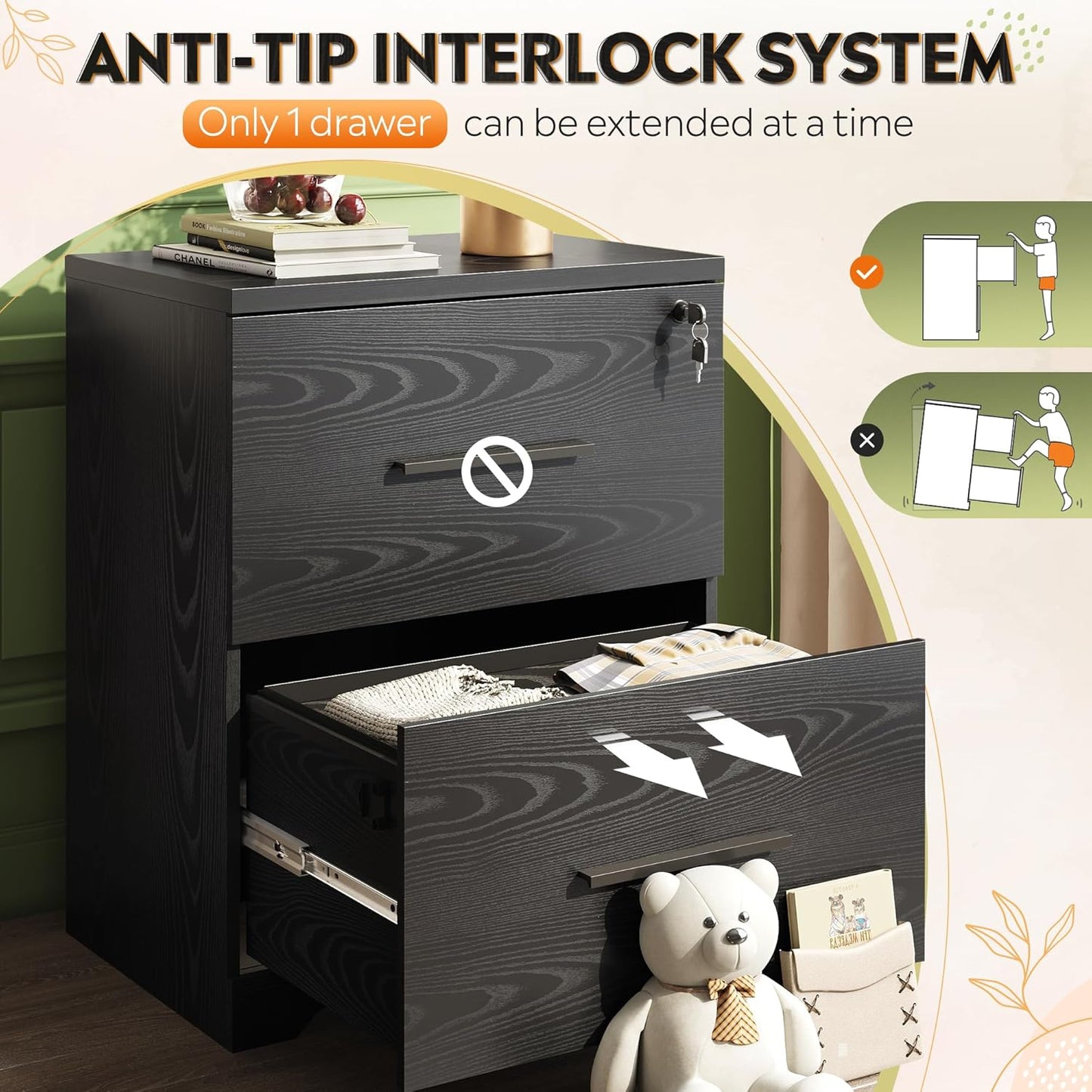 DEVAISE 2-Drawer Wood Lateral File Cabinet with Lock for Office Home, Black