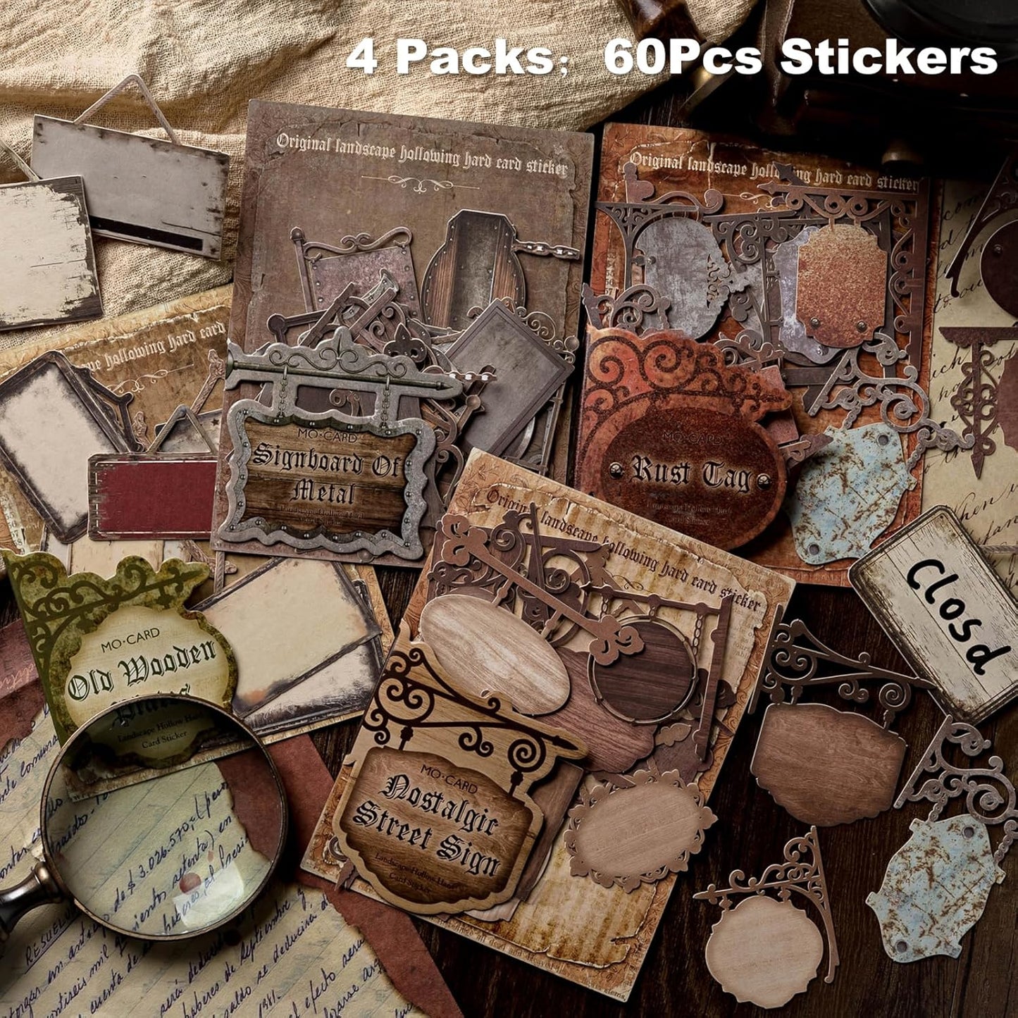 Vintage Cut-Out Signboard Sticker Set, 60PCS Retro Ephemera for Scrapbooking, Journaling, DIY Crafts, and Decorative Art