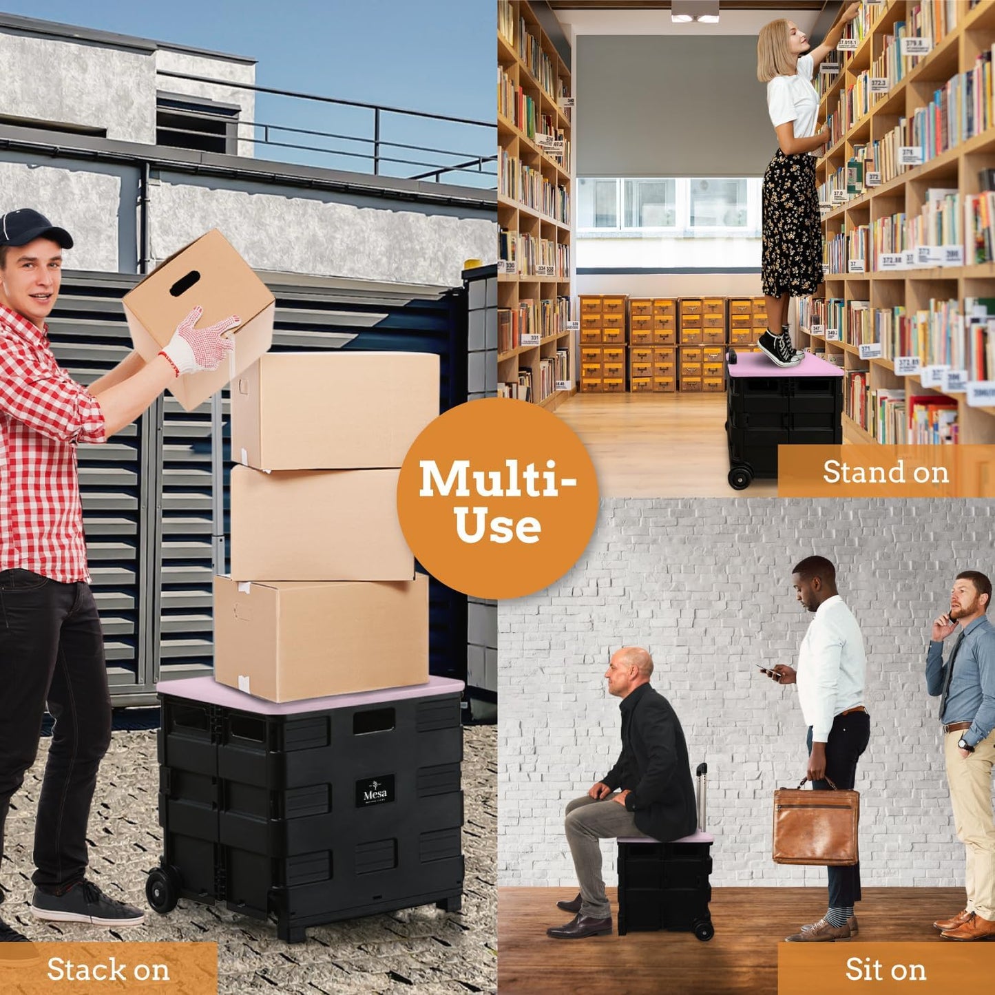 Inspired Living Collapsible Ultra-Slim Pack-N-Roll,2 Wheel Utility Cart w/Lid Used as Seat up to 250 Lbs, Telescopic Handle, Super Strong, for Home,Garden,Shopping,Office,School, Large, Pink & Black