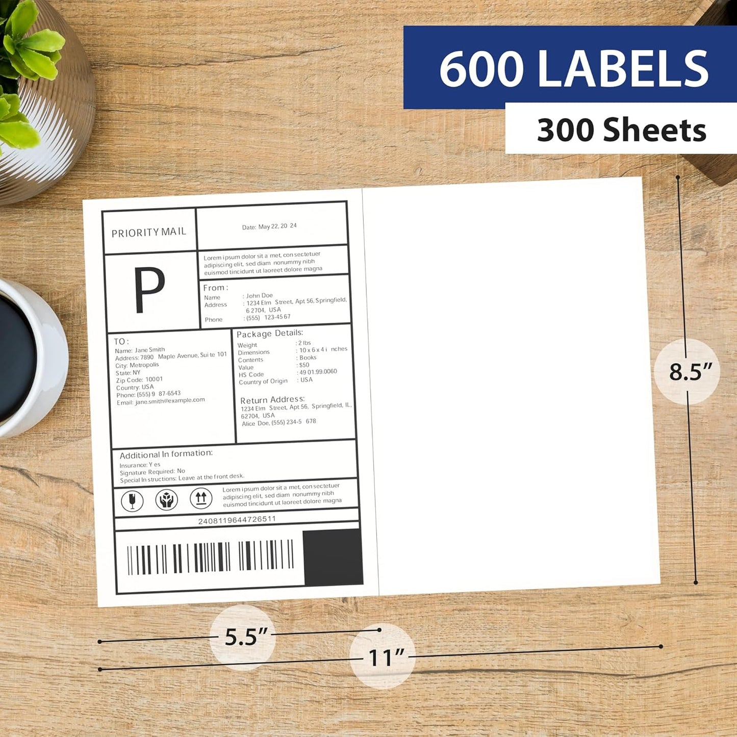 300 Sheet (600 Labels) | 8.5" x 11" 2 UP Half Sheet Self Adhesive Shipping Labels for Laser & Inkjet Printers | Ecommerce, Address, Mailing, Labeling, Packaging