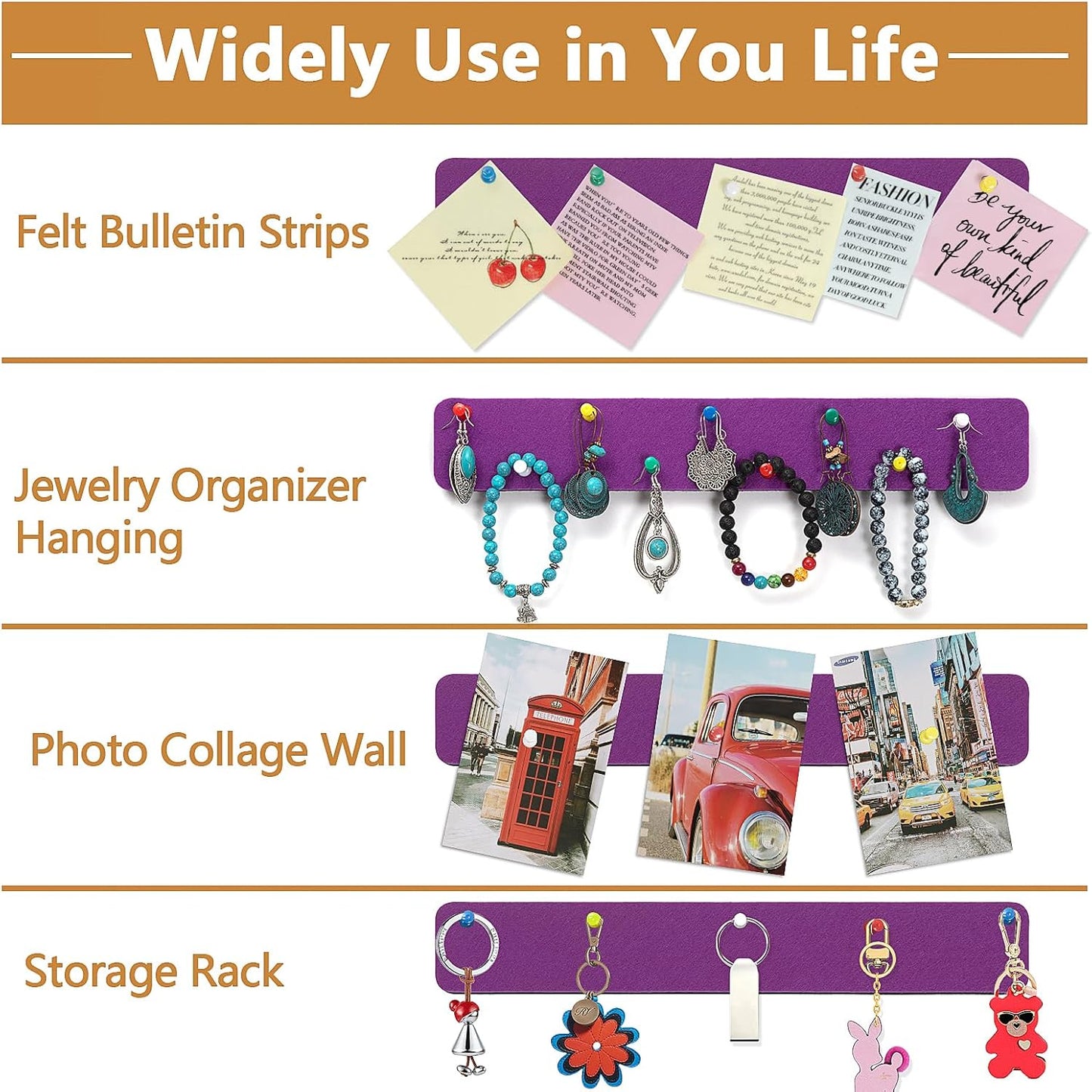 Felt Pin Board Bar Strips Bulletin Board for Bedrooms Offices Home Wall Decoration, Notice Board Self Adhesive Cork Board with 35 Push Pins for Paste Notes, Photos, Schedules (Purple)