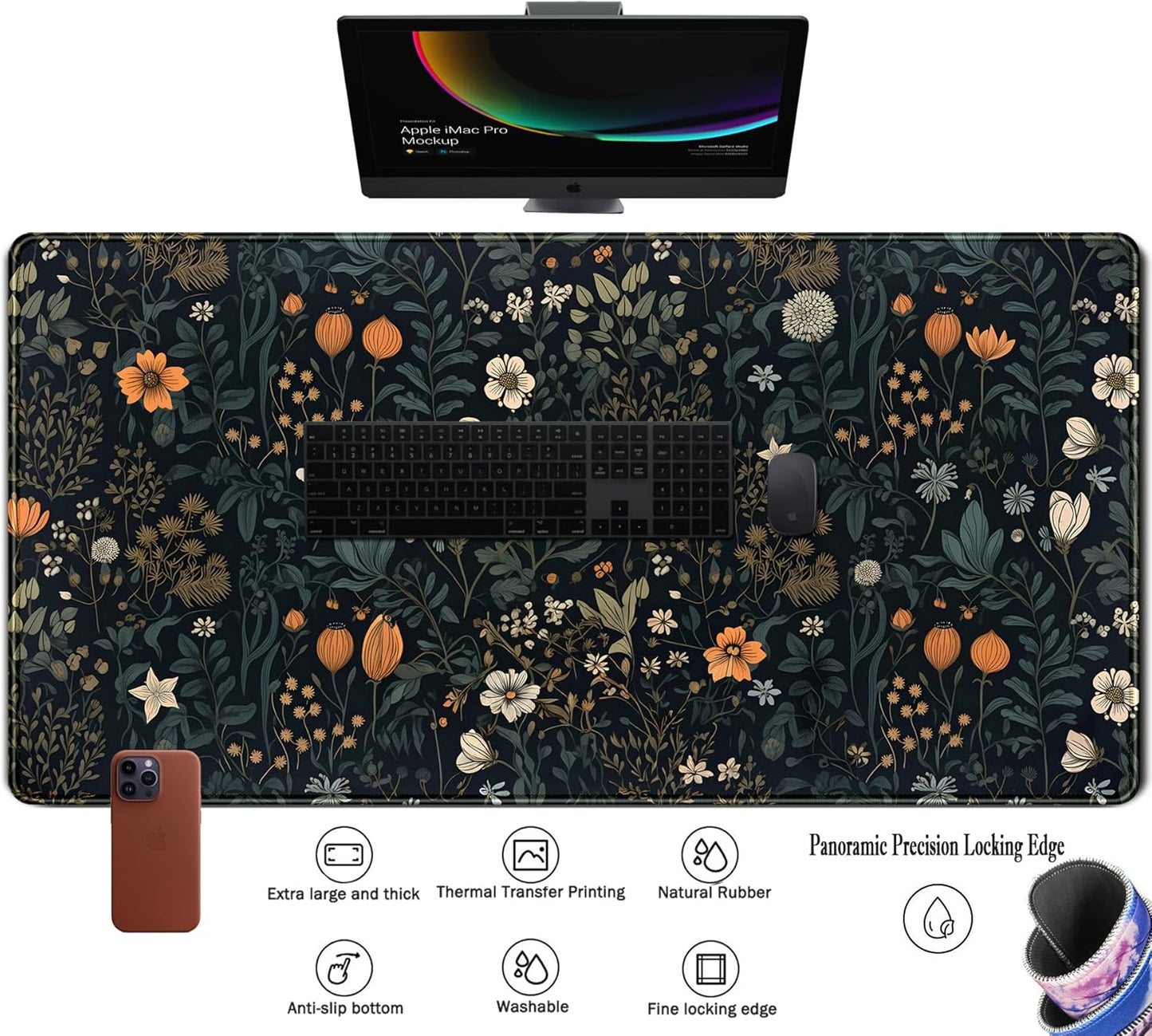 Cute Dark Floral Desk Mat Vintage Flowers Plant Mouse Pad XXL Large Extended Gaming Mousepad Women Office Decor Desk Pad, Big Laptop Computer Keyboard and Mouse Mat with Stitched Edges, 31.5x15.7 in