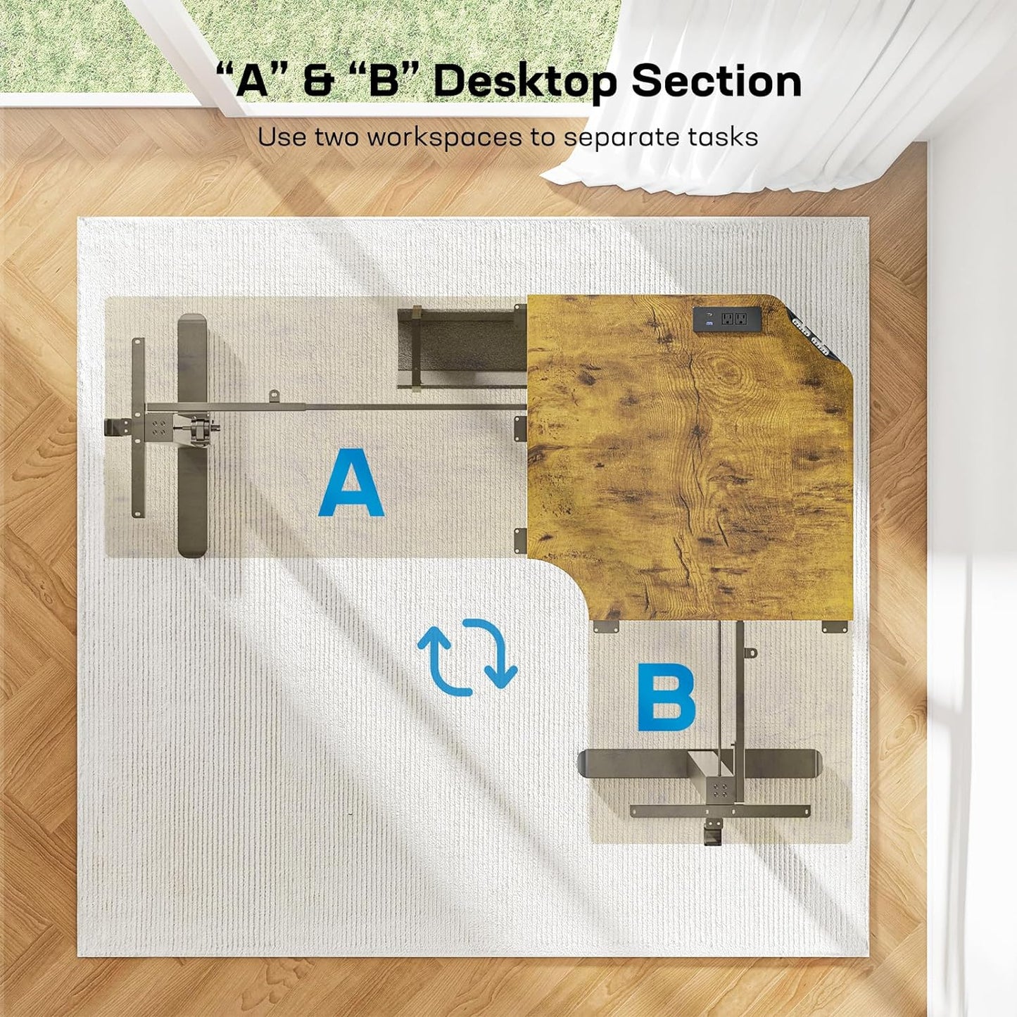 HUANUO 63″ Dual Motor L-Shaped Standing Desk, Built-in Power Outlets, Electric Height Adjustable Corner Computer Desk, Large Power Strip Holder, Sit Stand Up Desk with 3 Preset Heights, Vintage Brown