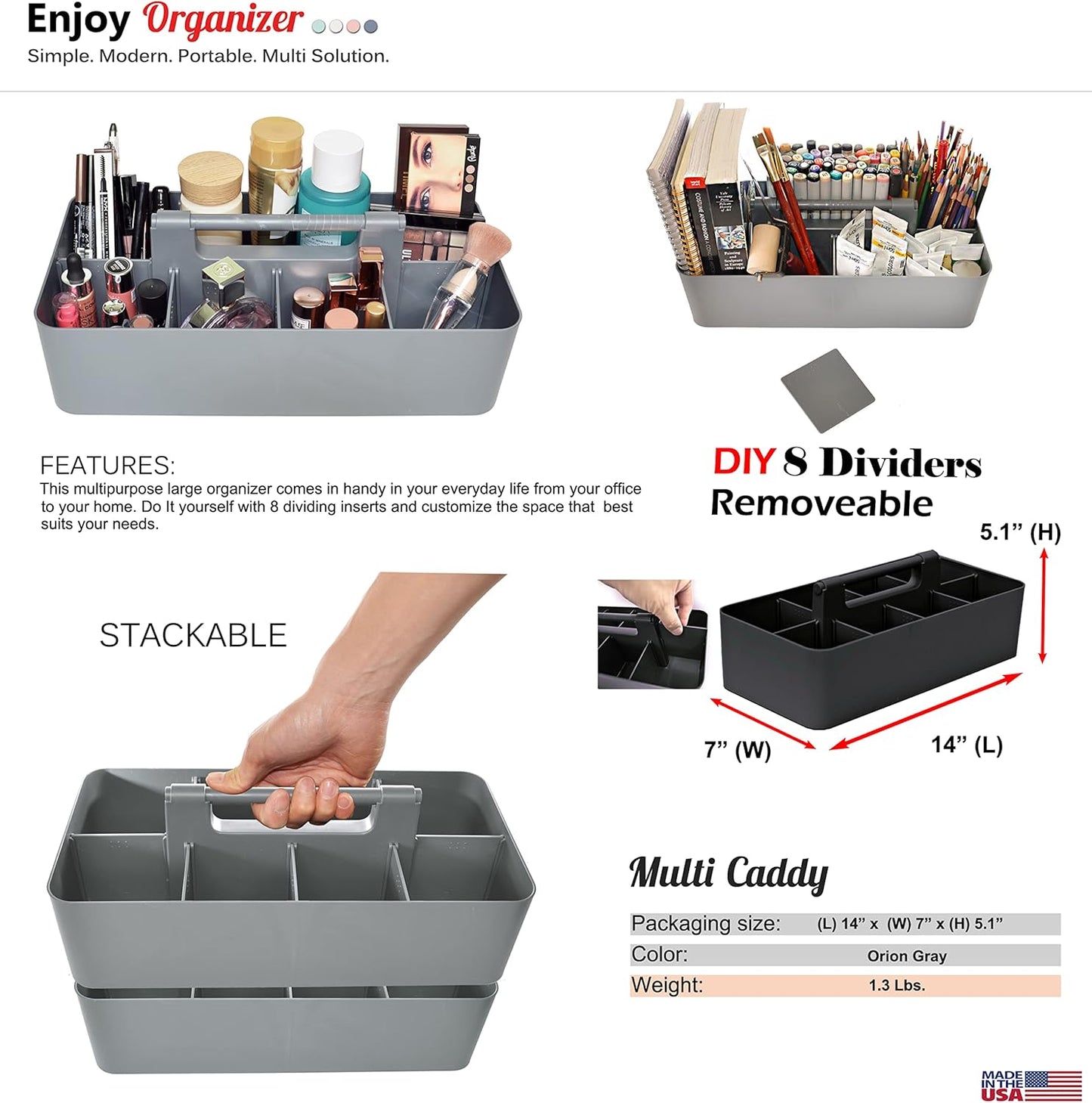 -Bulk Large Portable Caddy DIY Dividers, 8 Compartments, School Office,Portable Basket with Handle Storage Organizer Modern Made in USA (10 PACK, Orion Gray)