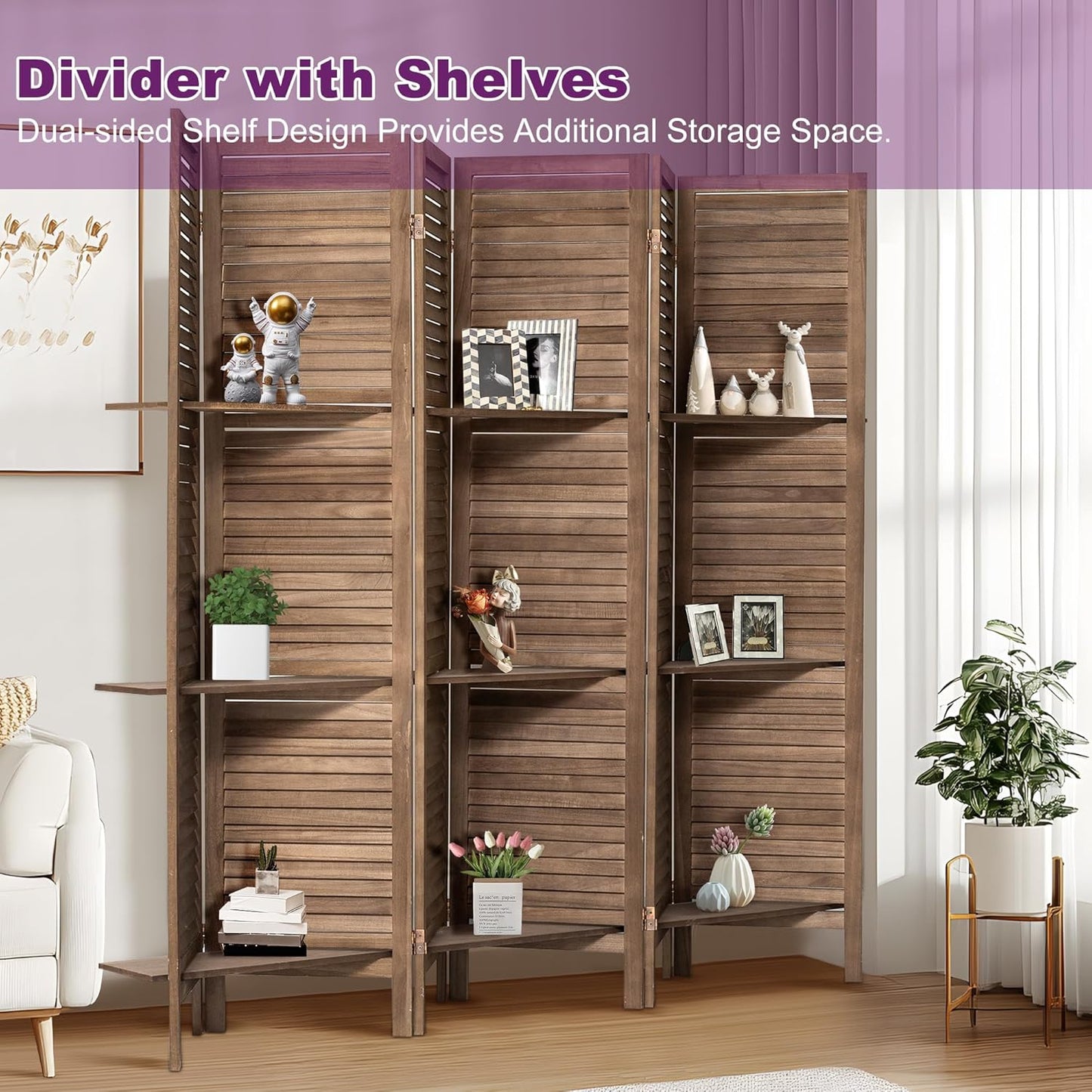 Room Divider with Shelves, 5.6FT Folding Room Divider Panel, 6 Panel Wood Partition Wall Divider for Room Separation, Dark Brown