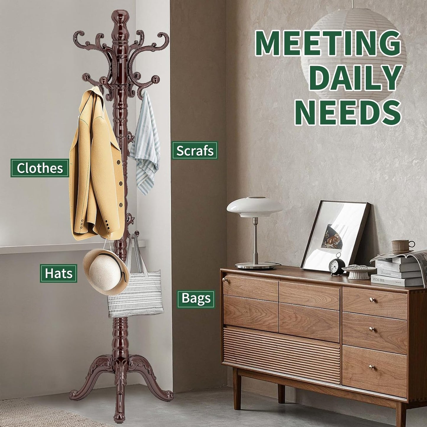 Wooden Coat Rack Stand, Vintage Wood Coat Rack Freestanding with Sturdy Triangle Base, Classic Coat Racks with 14 Hooks, Natural Birch Wood Coat Tree Hanger Stand for Entryway,Office