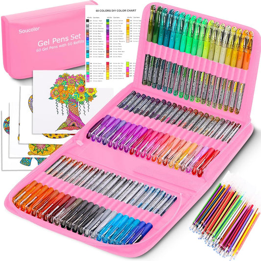 Soucolor Cute Office School Supplies Gifts for Women Teen Girl Birthday, 120 Pack Glitter Gel Pens-60 Glitter Pens, 60 Refills and Travel Case, Japanese Stationary Nurse Cool Gifts for Coworkers