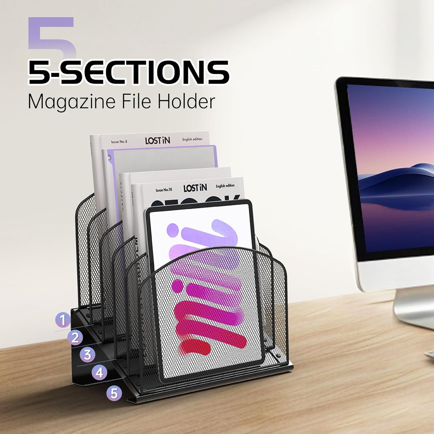 Inclined Desk File Organizer Metal Desk Magazine Folder Holder with 5-Section Vertical Compartments Rack File Organizer for Office, Home, School, Black