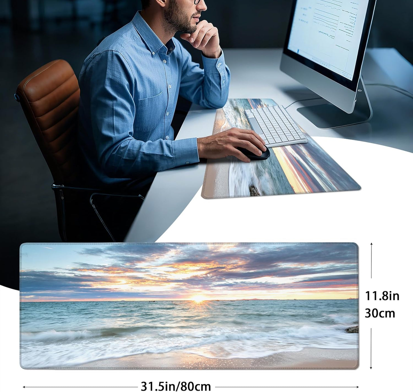 Mouse Pad with Sea View – Sunrise Scenery Desk Pad – Portable Computer Mousepad – Gaming, Office, Waterproof, Non-Slip, Stitched Edges 31.5 x 11.8inches x 3mm