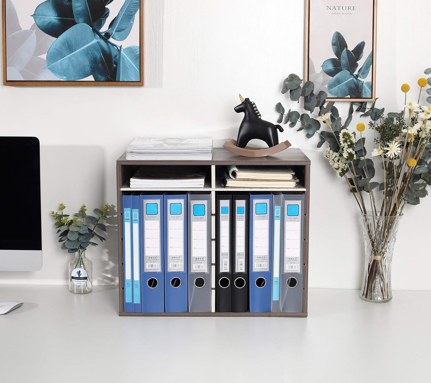 TQVAI Wood Adjustable Literature Organizer Desktop File Sorter Mail Center Paper Storage Cabinet Home & Office Mailbox School Classroom Keepers, 12 Slots Compartments, Retro Grey/White