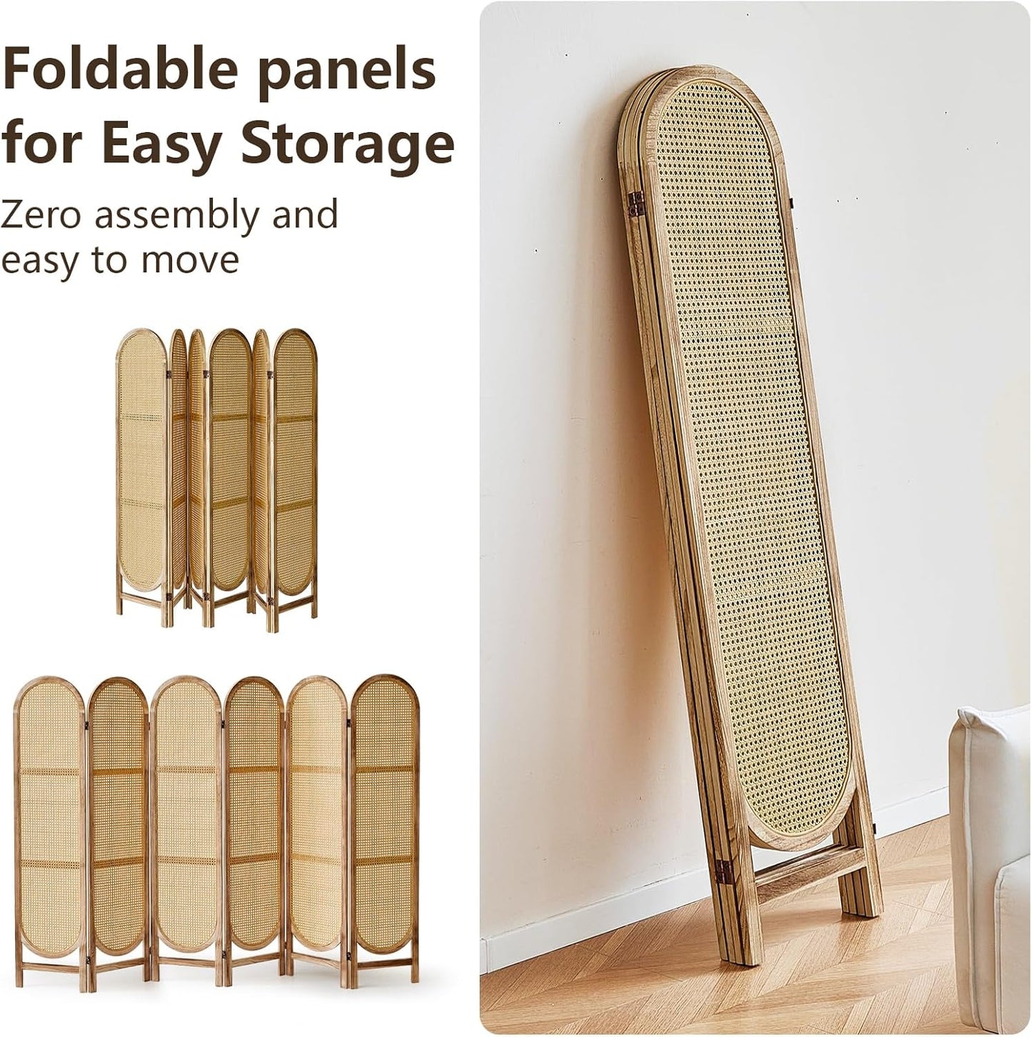 6 Panels Room Dividers and Hand-Woven Rattan Room Divider Wall, Wood Room Divider Folding Privacy Screens for Home Office Bedroom, Light Brown