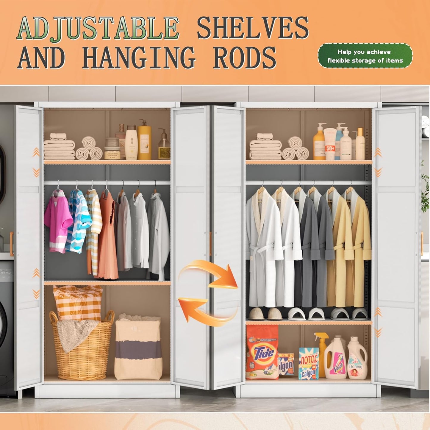 Greenvelly Metal Wardrobe Cabinet with Wooden Handle, 72" Metal Wardrobe Closet with Hanging Rods and Adjustable Shelves, Clothing Storage Closet Cabinet for Home, Office, Employee, Gym (White)